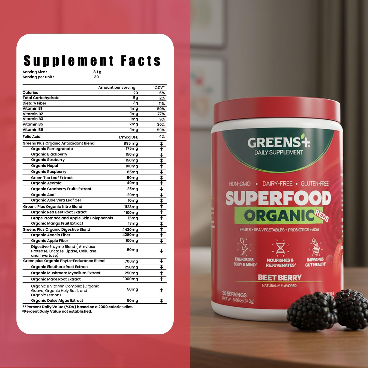 Greens+ Organic Reds Superfood Powder, Antioxidant, Polyphenol, Blend for Morning Kick, Energy, Vitality Boost, Nutrition, Vibrant Health, Vegan Soy/Dairy/Gluten Free(8.46oz) Greens+ uk supplements