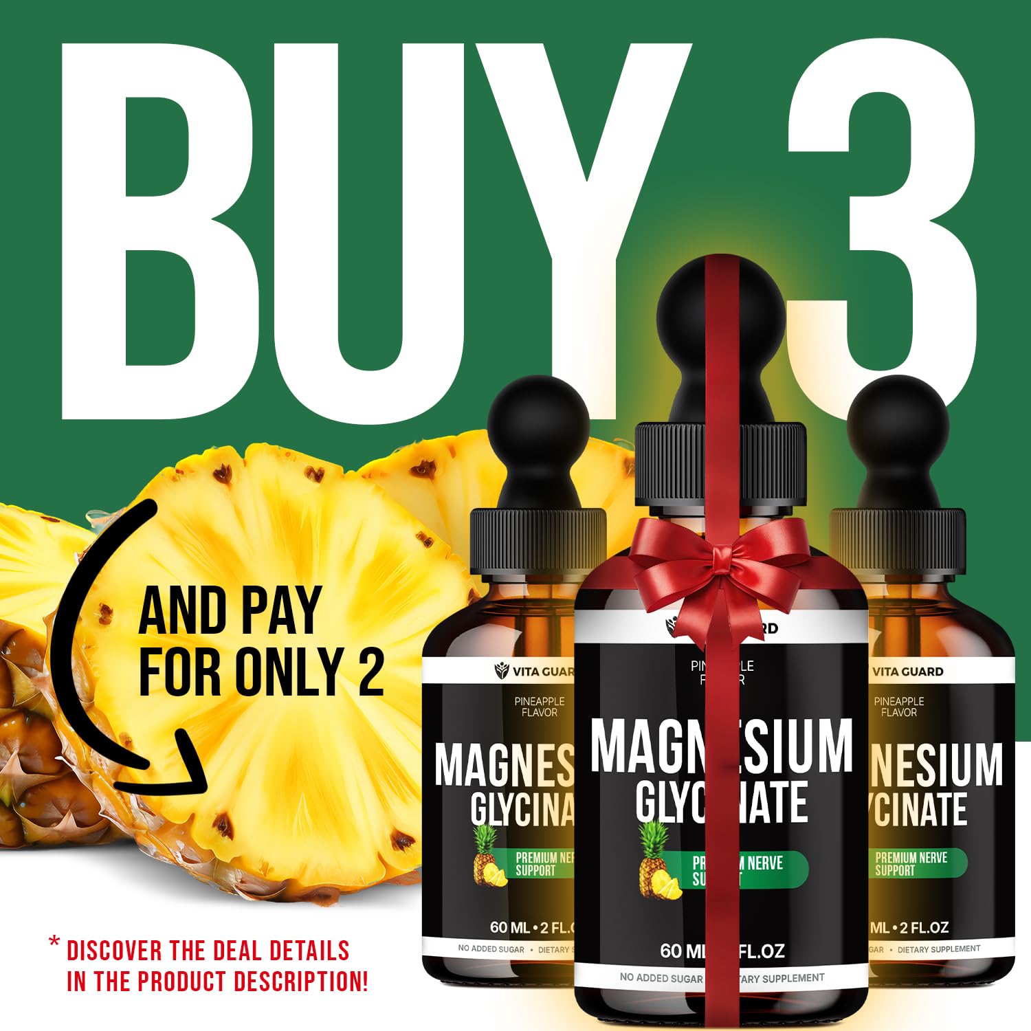 Magnesium Glycinate 500mg Liquid Drops – Sugar-Free Magnesium Supplement, Vegan Formula, 60 mL Flavor Pineapple Vita Guard uk supplements