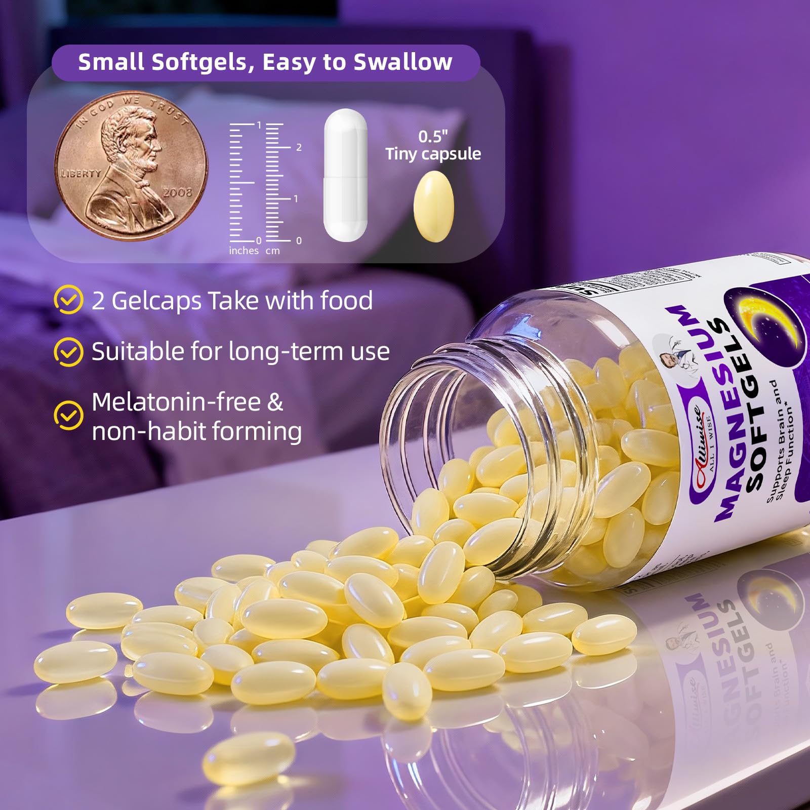 Magnesium Glycinate 400mg Softgels, Small Easy to Swallow High Absorption Magnesium Supplement, with Vitamin D3 & K2 for Sleep Relax Calm Muscle Bone* Health, 120 Gelcaps Alliwise uk supplements