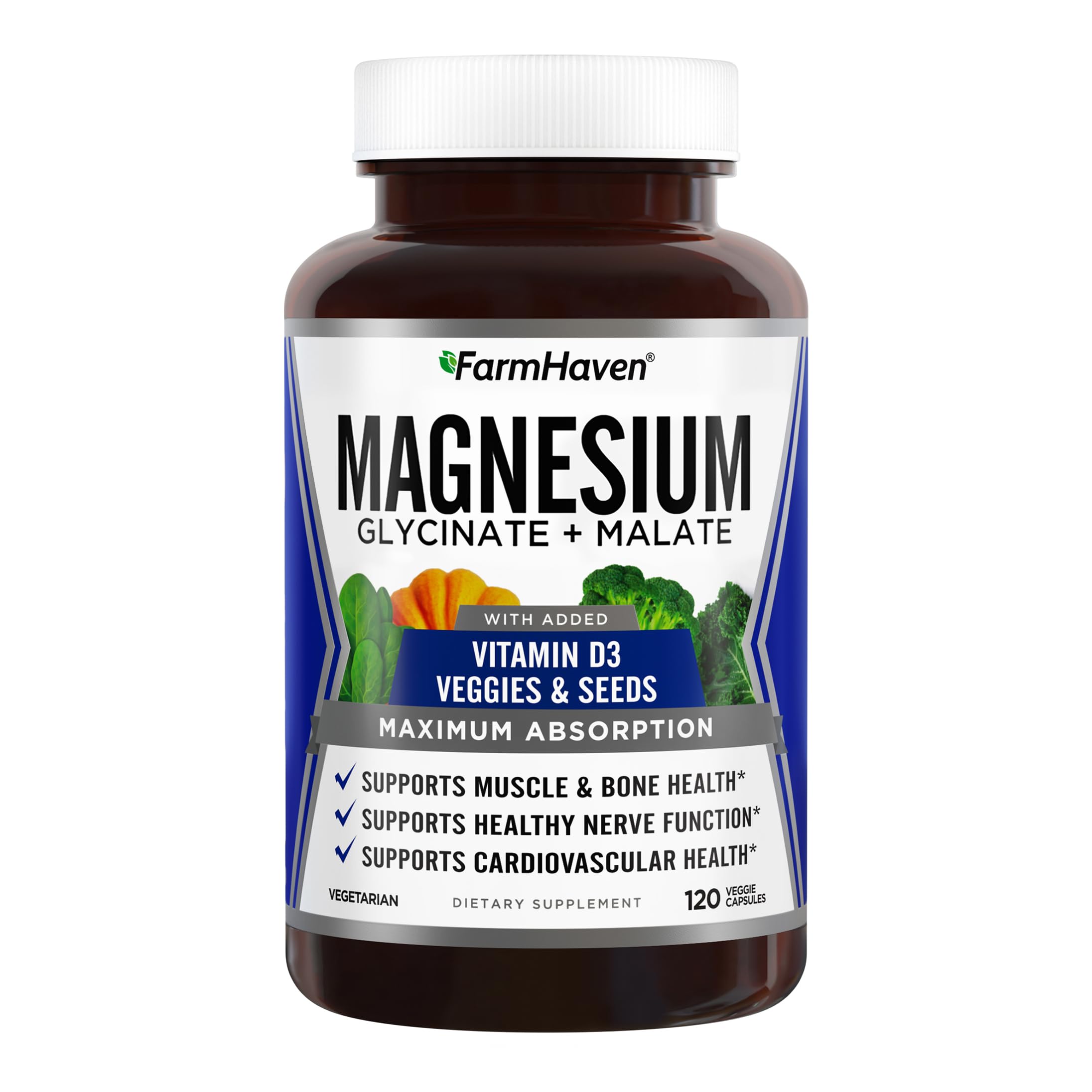 FarmHaven Magnesium Complex –Magnesium Glycinate & Malate w/Vitamin D3, 100% Chelated for Max Absorption, Vegetarian – Bone Health, Nerves, Muscles, 120 Capsules, 60 Days FarmHaven uk supplements