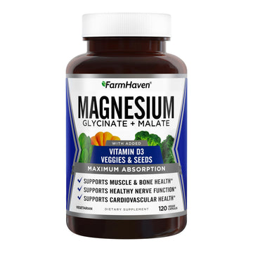 FarmHaven Magnesium Complex –Magnesium Glycinate & Malate w/Vitamin D3, 100% Chelated for Max Absorption, Vegetarian – Bone Health, Nerves, Muscles, 120 Capsules, 60 Days FarmHaven uk supplements
