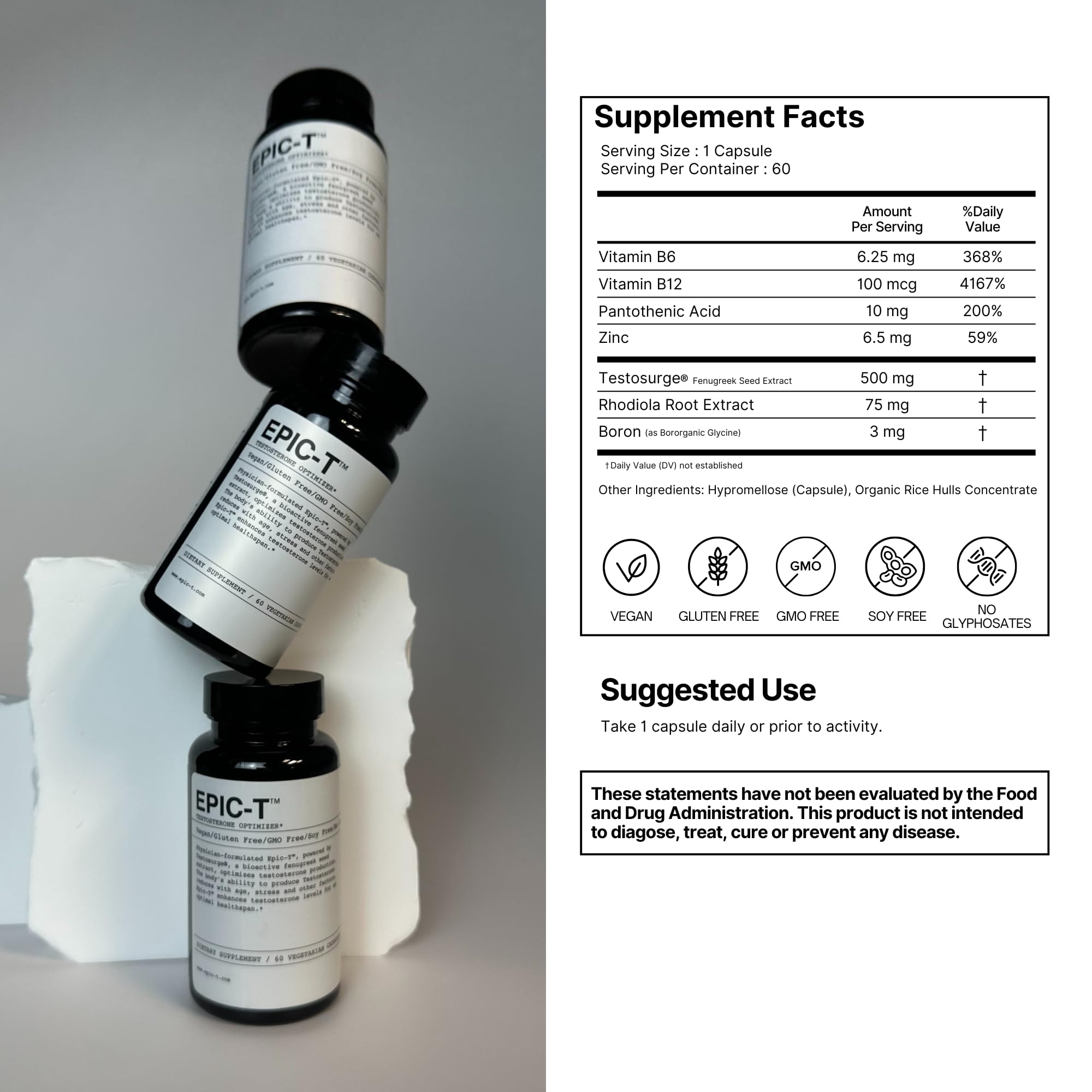EPIC-T Testosterone Support Supplement for Men | Plant-Based Formula with Testosurge, B-Complex, B12, Zinc & Boron | Vegan, Non-GMO Daily Support EPIC uk supplements