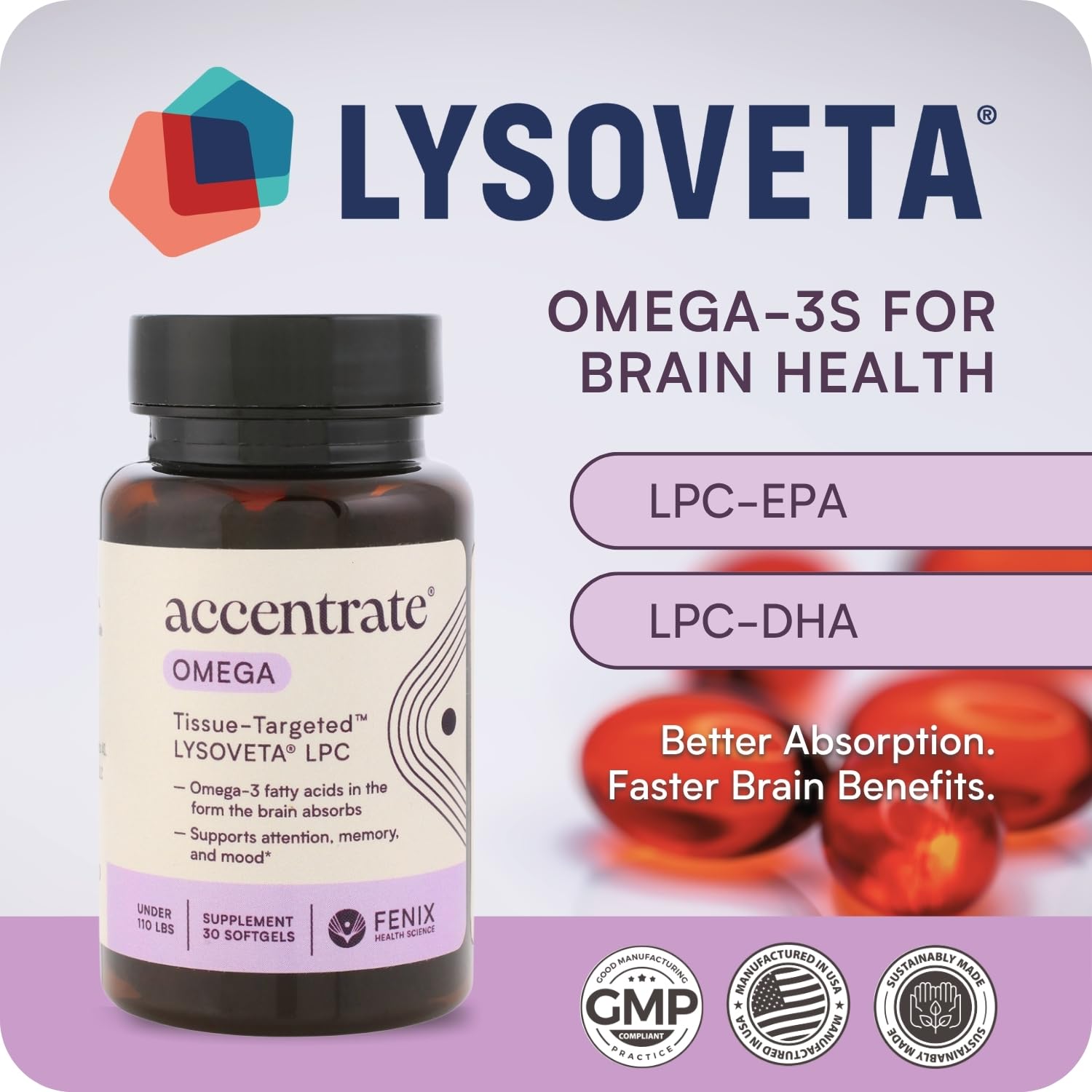 Omega w/LYSOVETA LPC | EPA & DHA Supplements for Brain Health | Focus, Attention, Memory, & Mood | 6X Higher Absorption Than Fish Oil | Omega-3 Fatty Acid Supplements | Highest Potency LPC-DHA Accentrate uk supplements