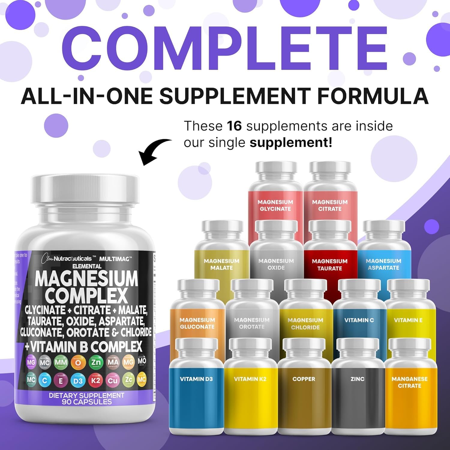 Clean Nutraceuticals Magnesium Complex with Magnesium Glycinate Citrate Malate Oxide Taurate Aspartate Orotate & Mag Chloride, Zinc Copper Manganese (90 Count (Pack of 2)) Clean Nutraceuticals uk supplements