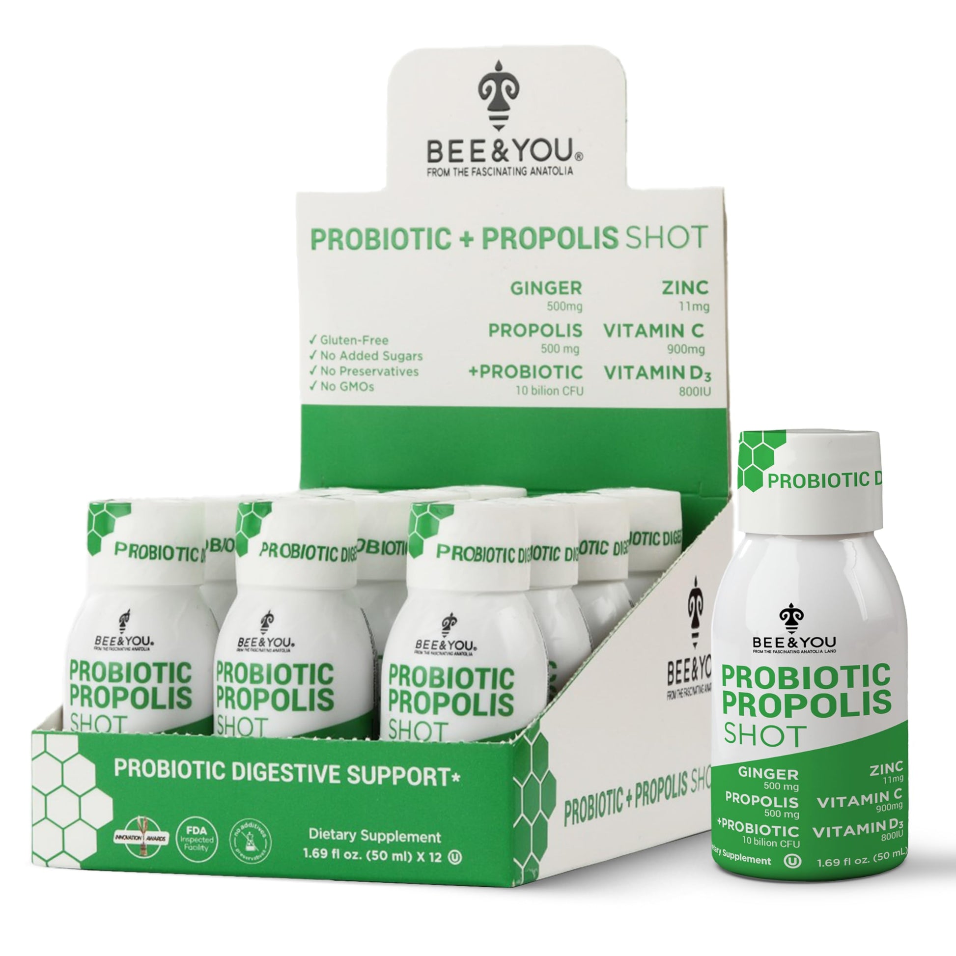 Bee and You Propolis Immune Shot, Probiotic, Vitamin C, Vitamin D3, Zinc, Ginger, Immune Support, Gut Health, Digestive Health, Bioactive 1.69 Fl. oz, 12 Pack BEE & YOU uk supplements