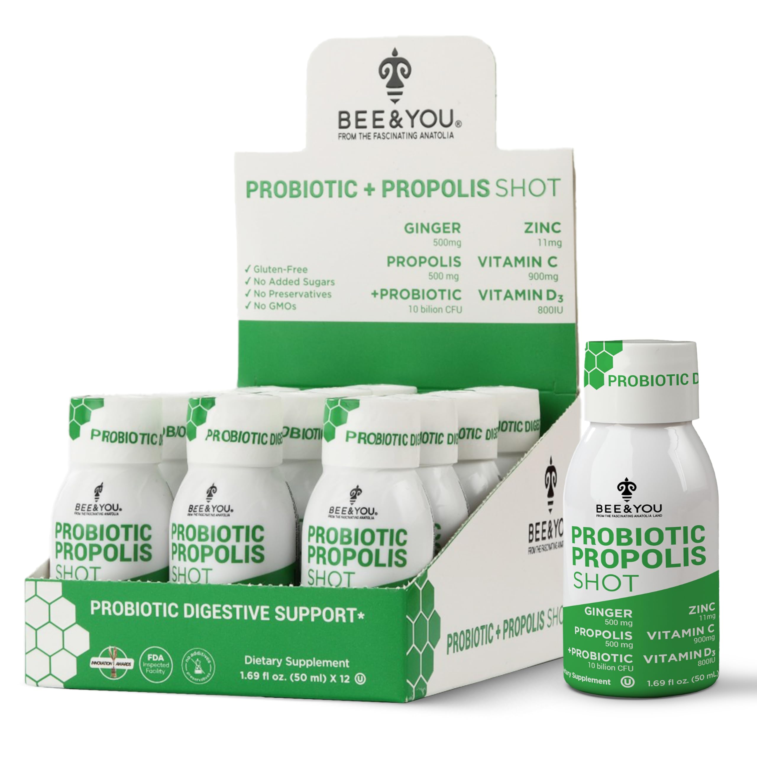 Bee and You Propolis Immune Shot, Probiotic, Vitamin C, Vitamin D3, Zinc, Ginger, Immune Support, Gut Health, Digestive Health, Bioactive 1.69 Fl. oz, 12 Pack BEE & YOU uk supplements