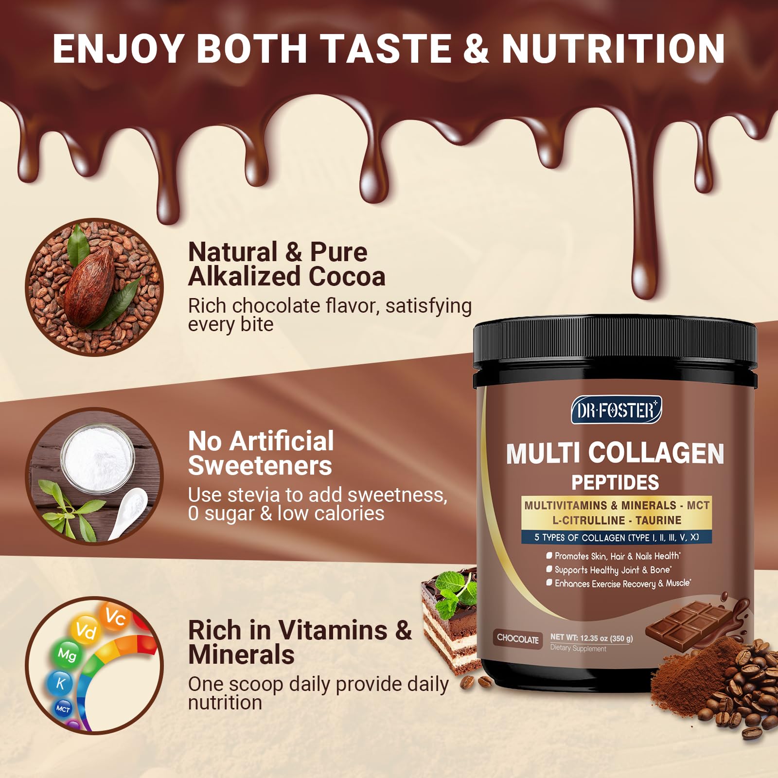 DRFOSTER Chocolate Collagen Peptides Powder for Women & Men, Multi Type I II III V X Collagen with multivitamins & Minerals for Skin, Hair & Nails & Joints, Non-GMO, 35 Servings DRFOSTER uk supplements