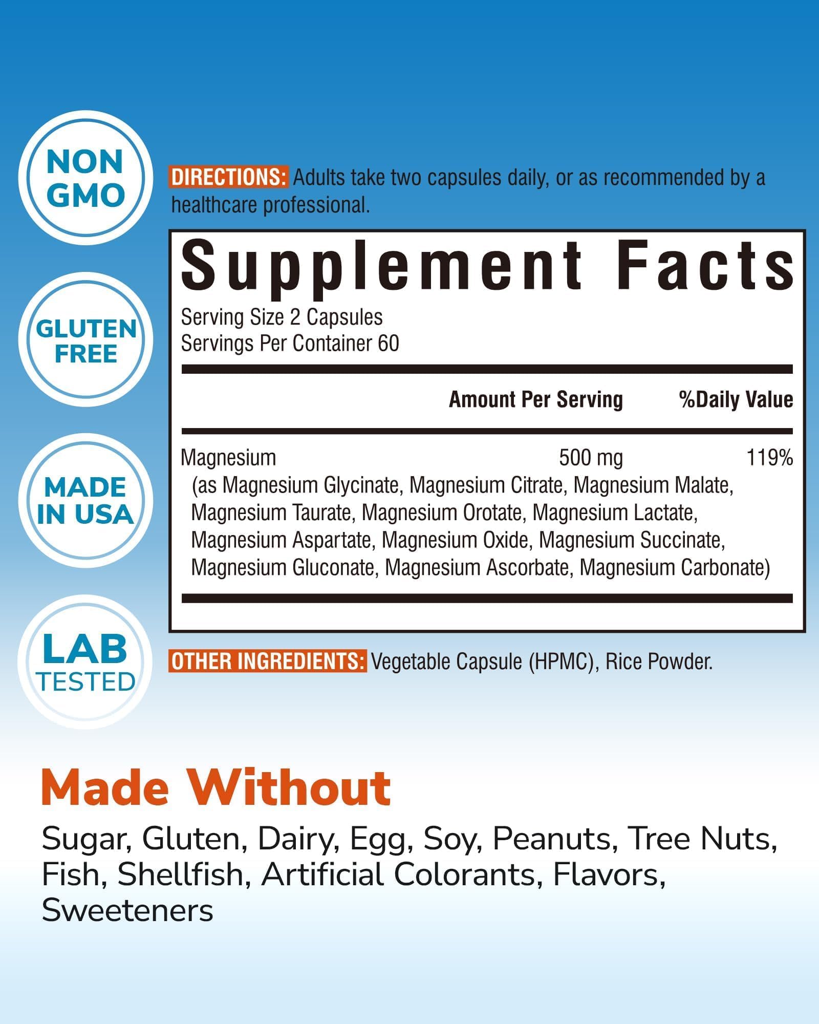 Vitalibre 12 in 1 Magnesium Complex Supplement 500mg | Max Absorption Chelated Magnesium Glycinate Citrate Malate & More for Bone, Nerve & Digestive Support | Non-GMO Vegan Capsules (120 Count) Vitalibre uk supplements