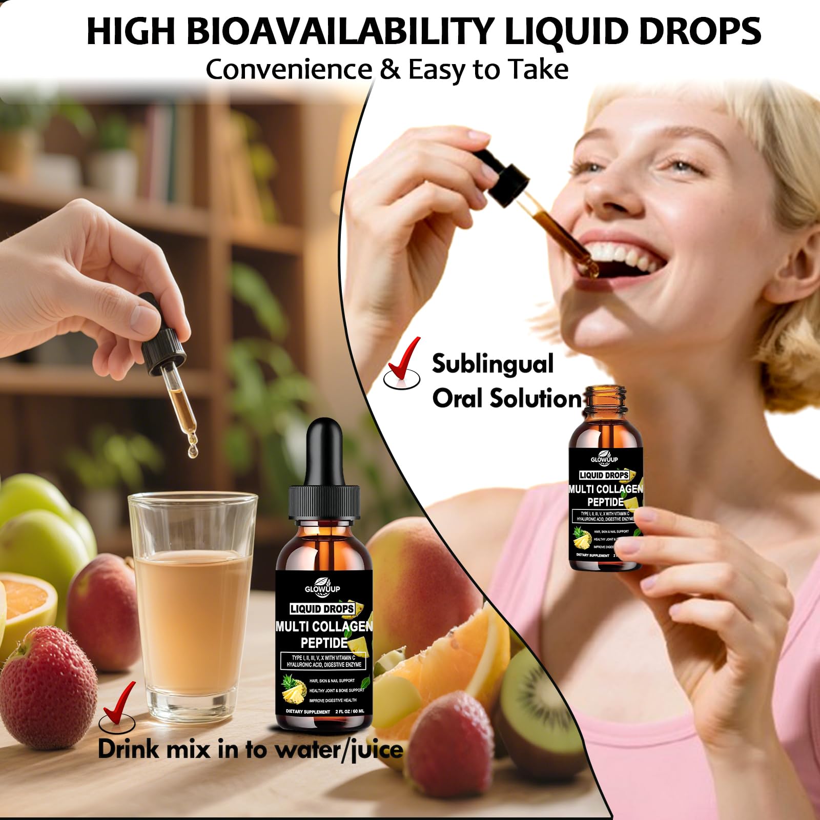 Multi Collagen Peptides Liquid Drops for Women & Men-Type I, II, III, V, X丨Hydrolyzed Collagen Peptides, Collagen Proteins W. Hyaluronic Acid, Biotin & Vitamin C for Hair Skin & Joint Gut Health GLOVVUUP uk supplements