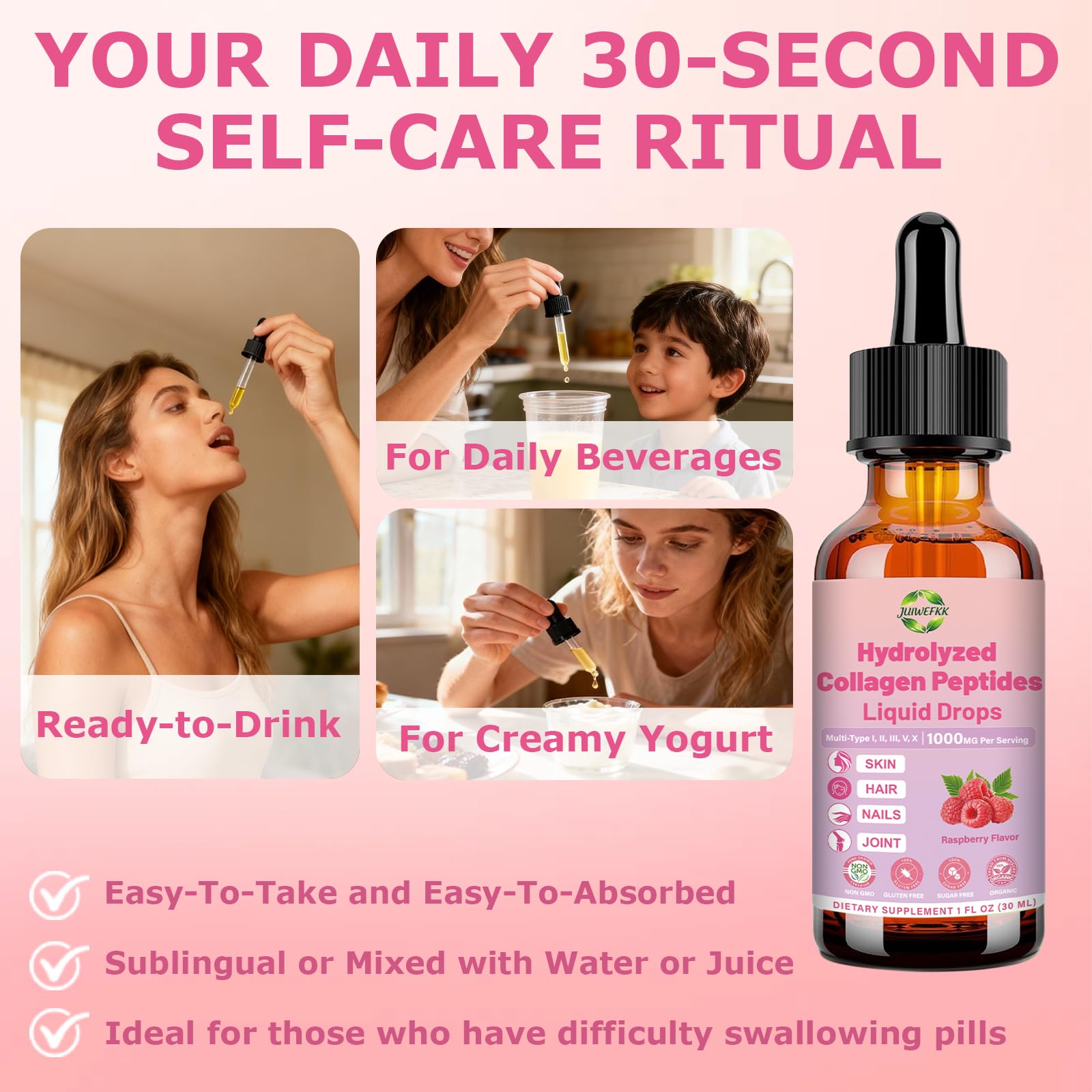 JUIWEFKK Hydrolyzed Collagen Peptides Liquid Organic Collagen Complex w. Biotin, Vitamin C & Hyaluronic Acid, Liquid Collagen Types I, II, III, IV, V for Hair, Skin, Nails & Joint Healthd JUIWEFKK uk supplements