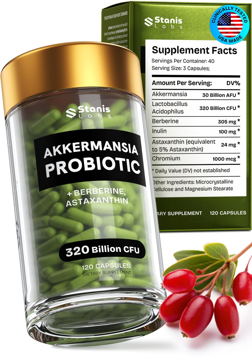 Akkermansia Muciniphila Probiotics 320 Billion CFU| Probiotic and Prebiotic | Akkermansia Probiotics for gut health | Inulin Prebiotic Fiber Capsules Astaxanthin & Berberine & Chromium | 120 capsules Stanis Labs uk supplements
