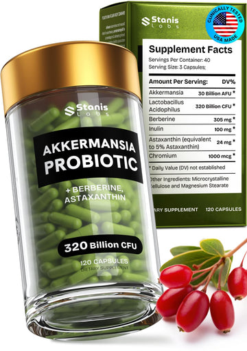 Akkermansia Muciniphila Probiotics 320 Billion CFU| Probiotic and Prebiotic | Akkermansia Probiotics for gut health | Inulin Prebiotic Fiber Capsules Astaxanthin & Berberine & Chromium | 120 capsules Stanis Labs uk supplements