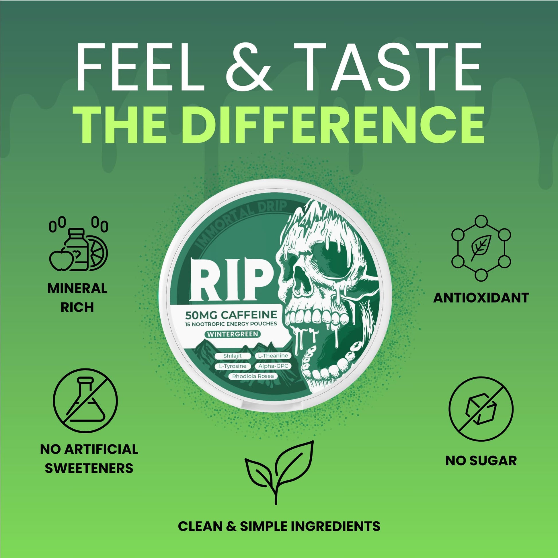 Immortal Drip RIP Nootropic Energy Pouches (Wintergreen) – 5 Cans – 15 Pouches per Can – Clean Energy & Focus Support – 50mg Caffeine, Shilajit, Alpha-GPC, L-Tyrosine, Rhodiola Immortal Drip uk supplements