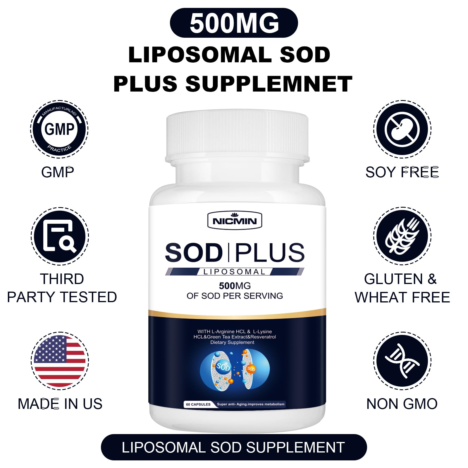 NICMIN 500MG Superoxide Dismutase Supplement - SOD Plus with Liposomal Glutathione, AKG, Green Tea Extract, L-Arginine, Lysine, Resveratrol and Vitamin E for Immune Support, Antioxidant 120 Capsules NICMIN uk supplements