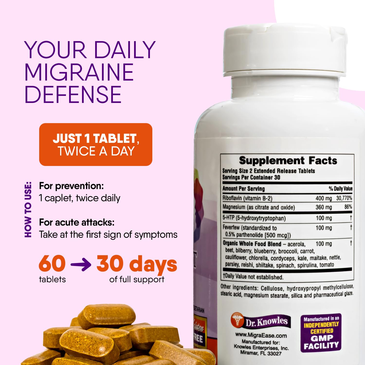Doctor Knowles Migraine Supplement |Complete Natural Migraine Prevention & Relief Pills with Magnesium, 5-HTP, Feverfew, Riboflavin & Organic Blend |Caffeine Free, Extended-Release Tablets (60 Units) DR. KNOWLES uk supplements