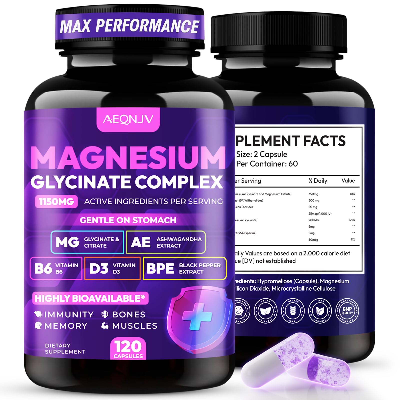 Magnesium Glycinate Complex 1150mg - Gentle on Stomach High Absorption Magnesium Capsules with Citrate, Silica, Ashwagandha & Vitamin B6 for Zzz, Stress Relief, Muscle Support for Adults, Women & Men AEQNJV uk supplements