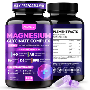 Magnesium Glycinate Complex 1150mg - Gentle on Stomach High Absorption Magnesium Capsules with Citrate, Silica, Ashwagandha & Vitamin B6 for Zzz, Stress Relief, Muscle Support for Adults, Women & Men AEQNJV uk supplements