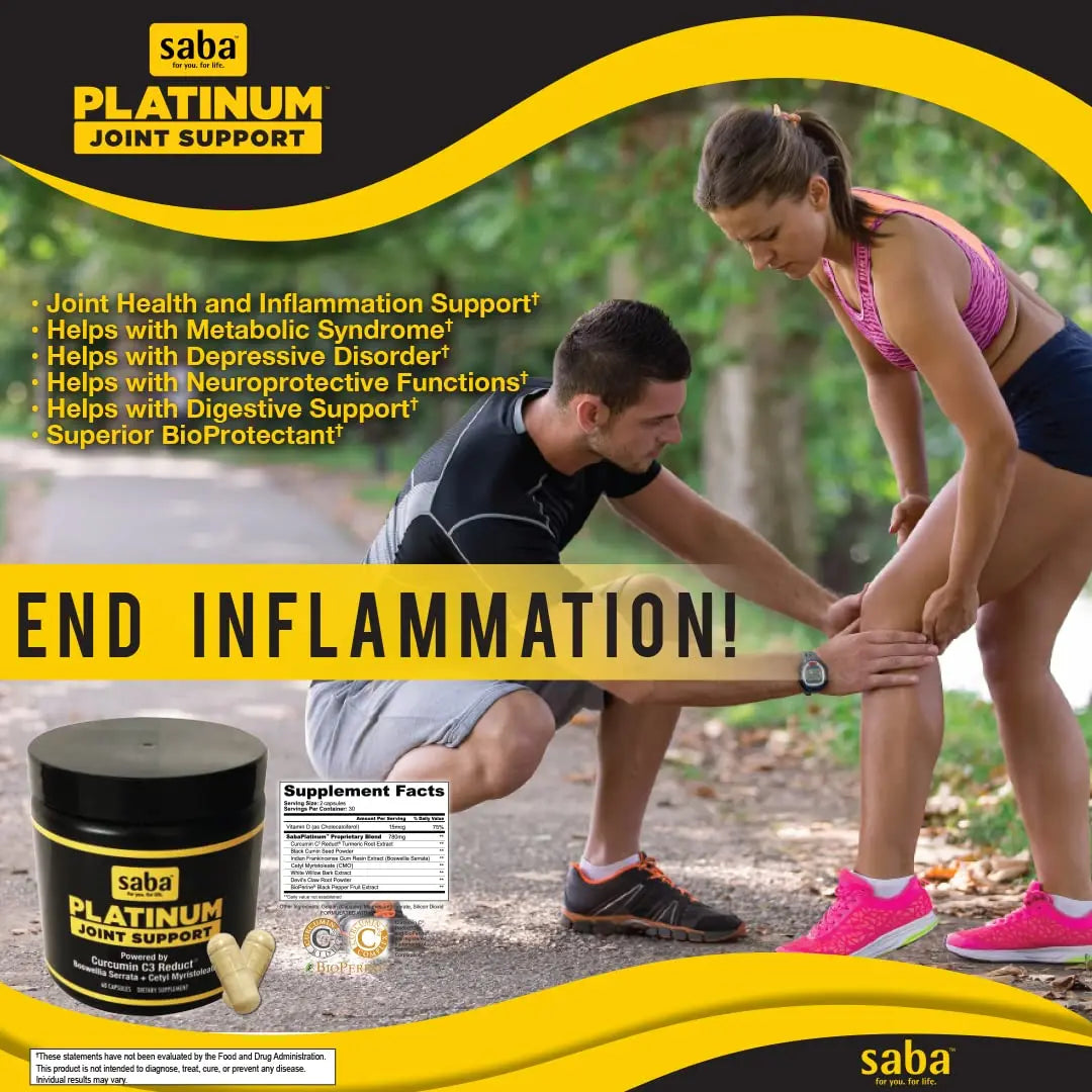Saba Platinum Joint Support – High Absorption Curcumin C3 Reduct & Boswellia – Fast Acting Turmeric Supplement for Joint Pain Relief, Mobility & Healthy Inflammation Response – 60 Vegan Capsules Saba uk supplements