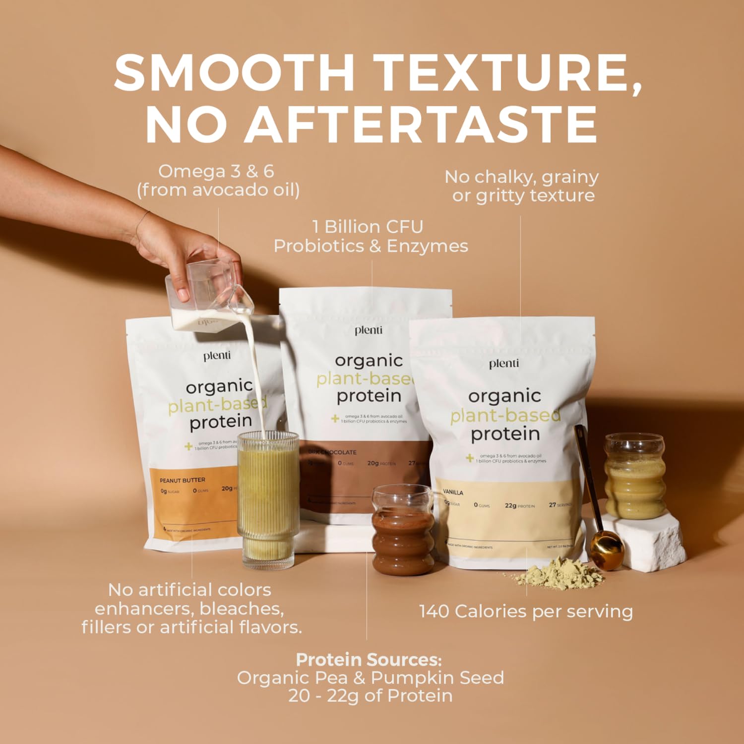 plenti Organic Plant-Based Protein Powder: Vanilla - 20g Pea Protein + Probiotics, Digestive Enzymes & Omega 3-6, Gut Friendly, Sugar Free, 27 Servings (2 lbs) plenti uk supplements