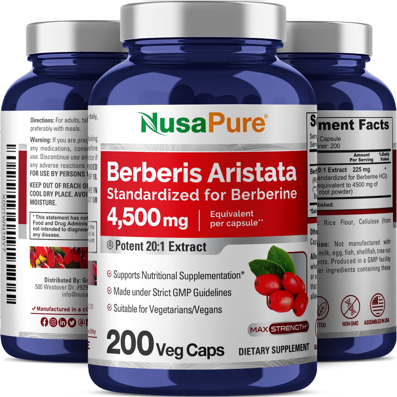 NusaPure Berberine HCI 4500 mg - 200 Veggie Caps - 6 Months Supply - (100% Vegetarian NusaPure uk supplements