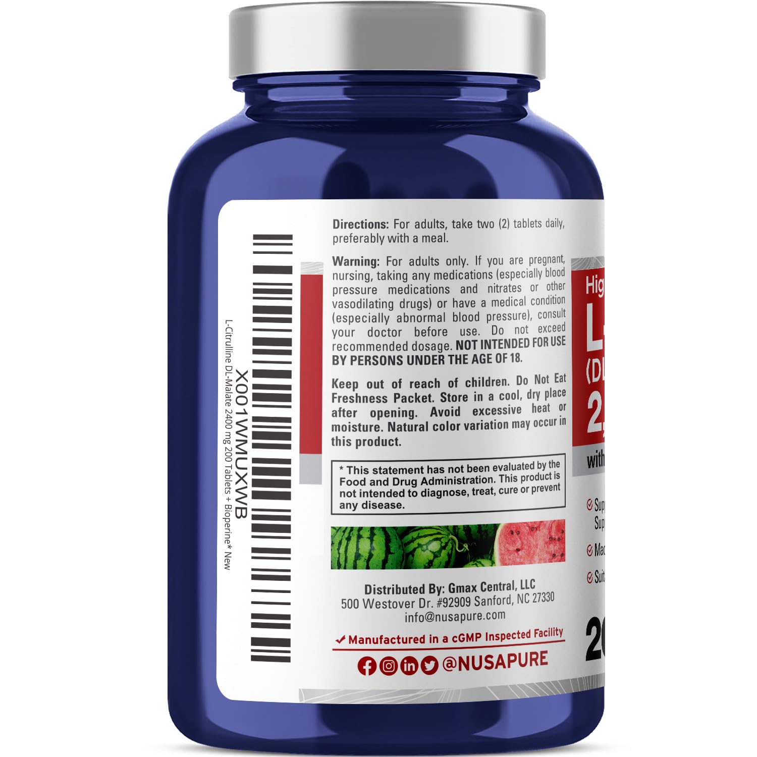 NusaPure L-Citrulline 2,400mg 200 Vegetarian Tablets (Non-GMO, Gluten Free, 100-Day Supply, Bioperine) NusaPure uk supplements