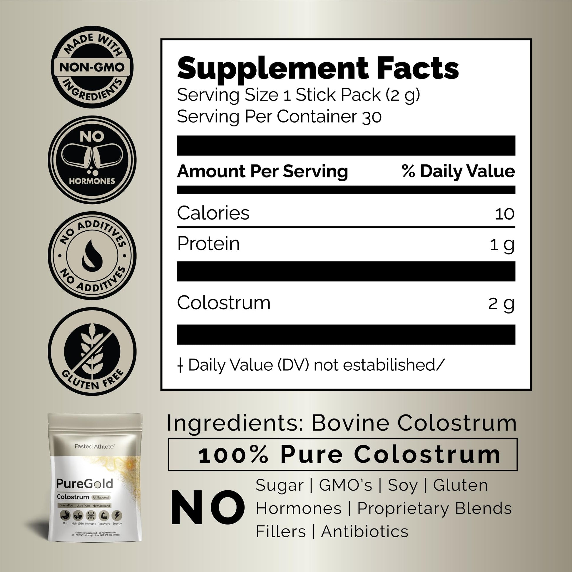 PureGold - Bovine Colostrum Powder - 100% Pure New Zealand Grass Fed, Supports Gut Health, Skin, Hair, & Immunity – Colostrum Supplement, Unflavored, 30 Travel Packets Fasted Athlete uk supplements