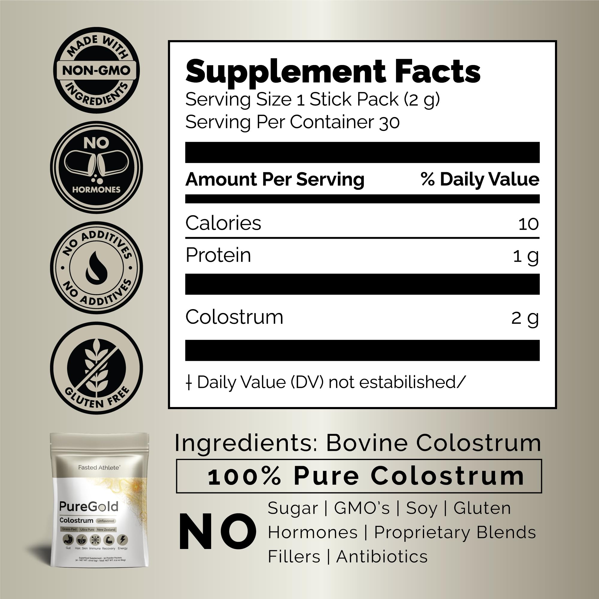 PureGold - Bovine Colostrum Powder - 100% Pure New Zealand Grass Fed, Supports Gut Health, Skin, Hair, & Immunity – Colostrum Supplement, Unflavored, 30 Travel Packets Fasted Athlete uk supplements