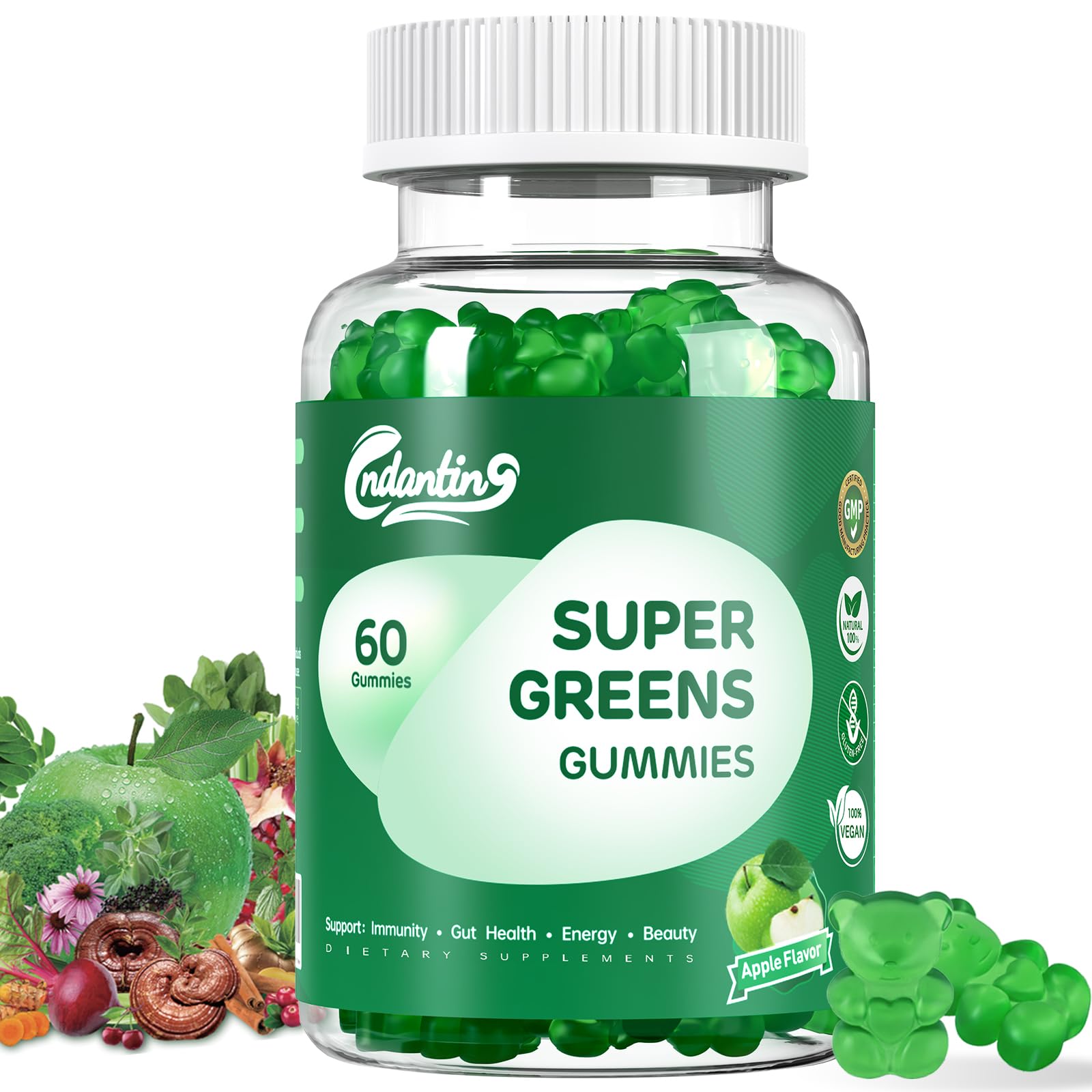 Multivitamin Super Greens Gummies - Daily Vegan Gummy Vitamins for Women, Apple Flavor | Organic Blend with Vitamin C, Turmeric, Zinc, Immune Support, Energy Booster, Metabolism | 60 Count CNDANTING uk supplements