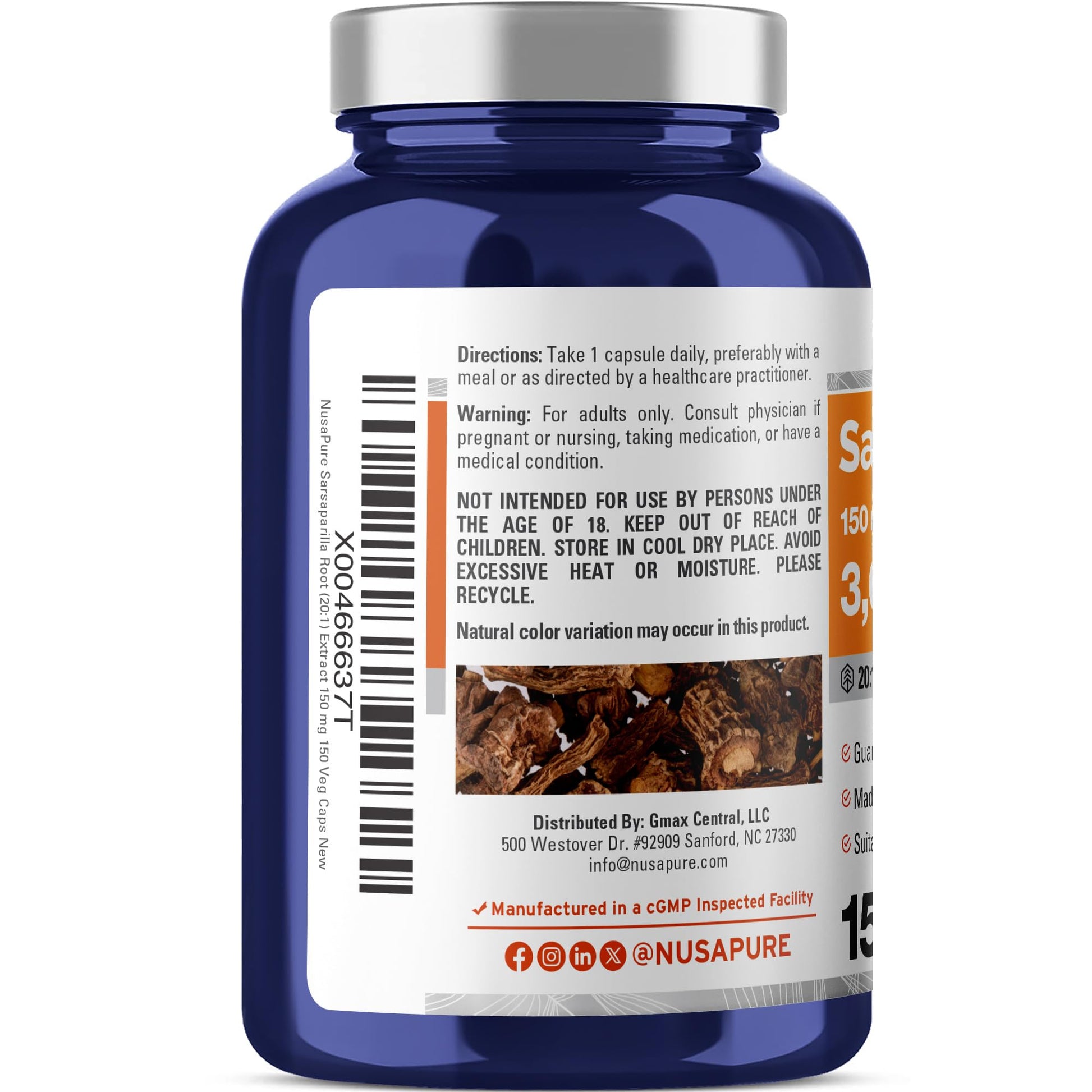 NusaPure Sarsaparilla Root 20:1 Extract - Suitable for Vegetarian/Vegan, Non - GMO - 3000 mg - 150 Capsules NusaPure uk supplements