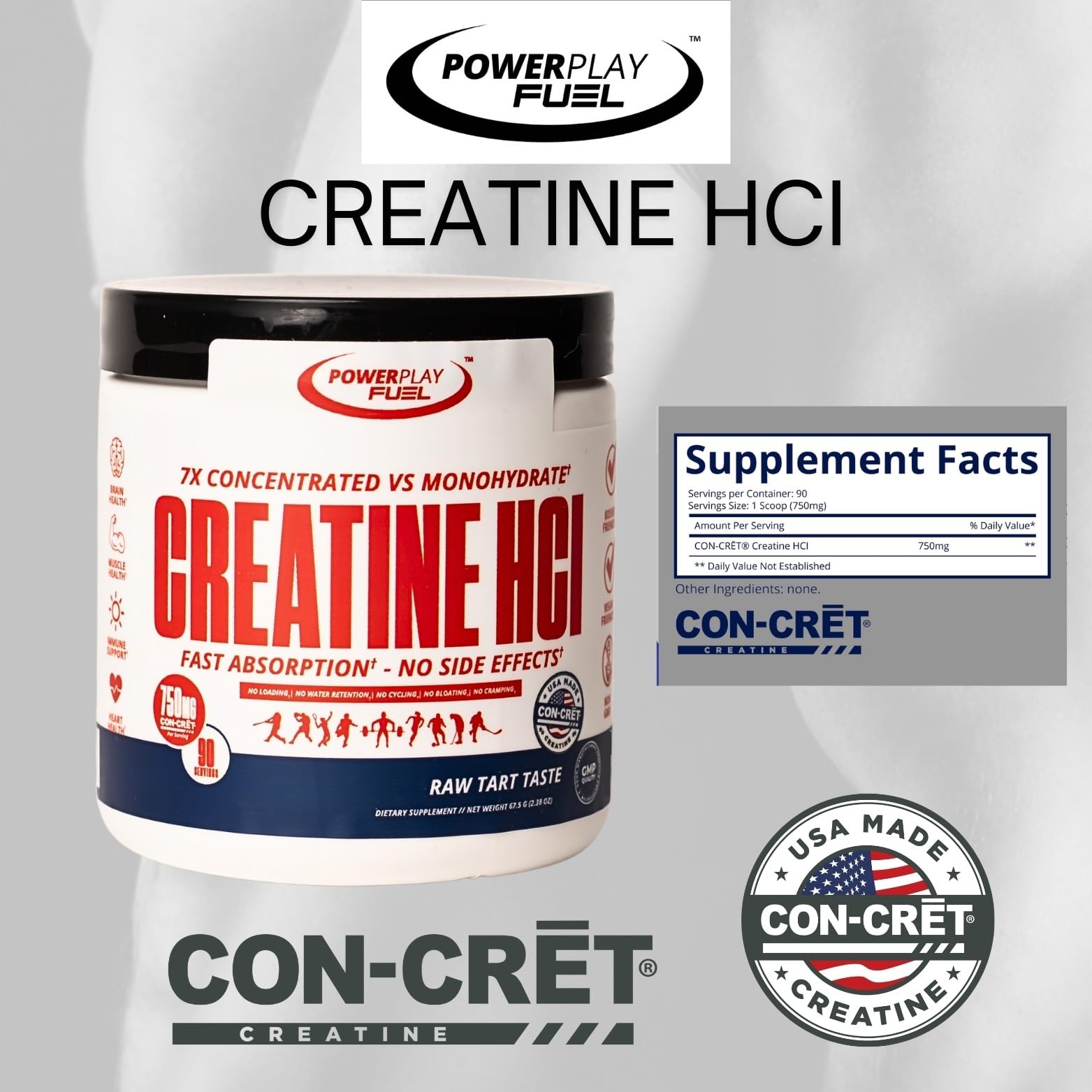 CREATINE HCl Powder for Men and Women, Muscle Strength, Brain Performance, Heart Health & Immune Support - Raw Tart Taste, 90 Servings POWER PLAY FUEL uk supplements