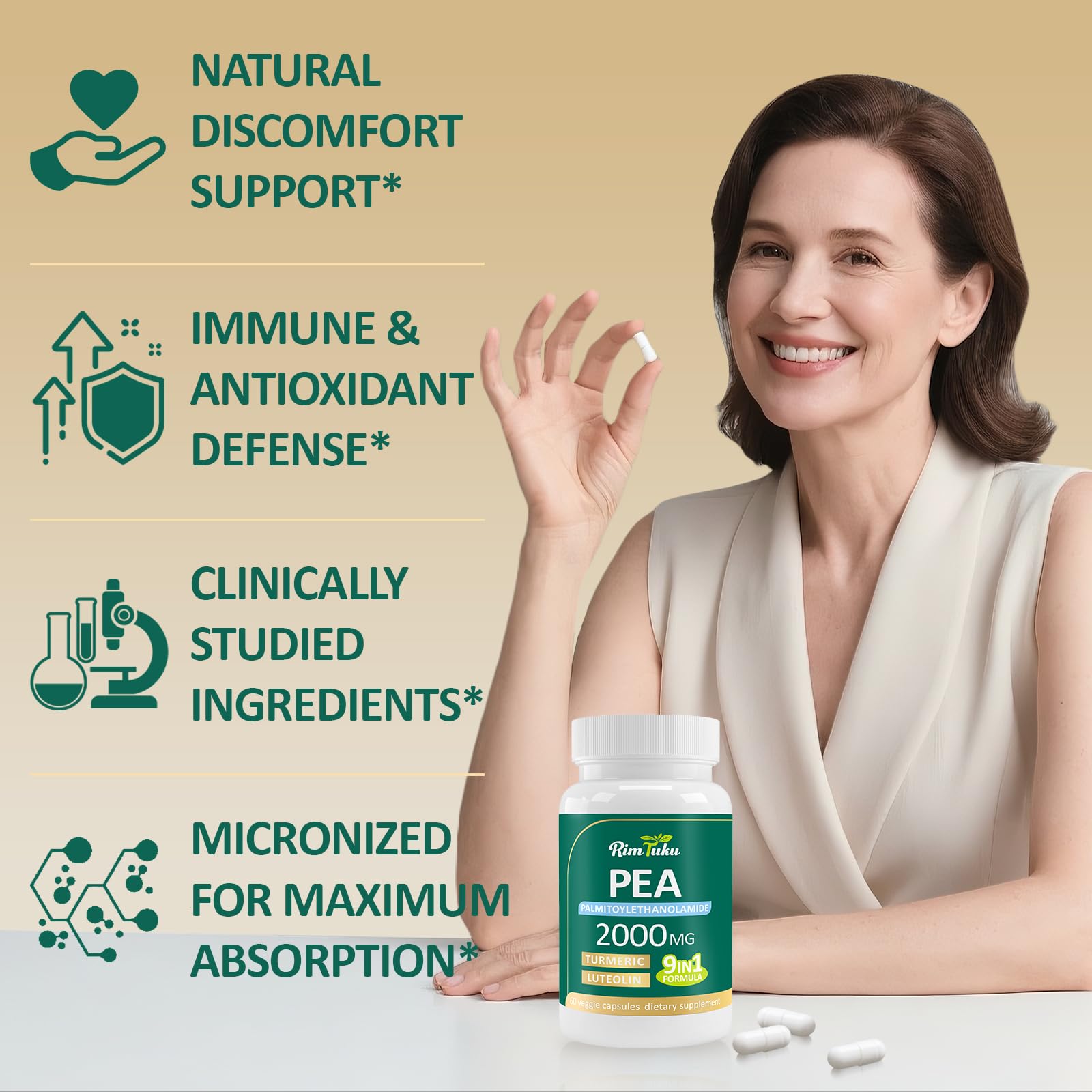 Liposomal Palmitoylethanolamide 2000MG + Luteolin 200MG + Turmeric 200MG & Fisetin 100MG, Micronized Pea 99% Highly Purified Enhanced Absorption Pea Supplement, 120 Capsules RimTuku uk supplements