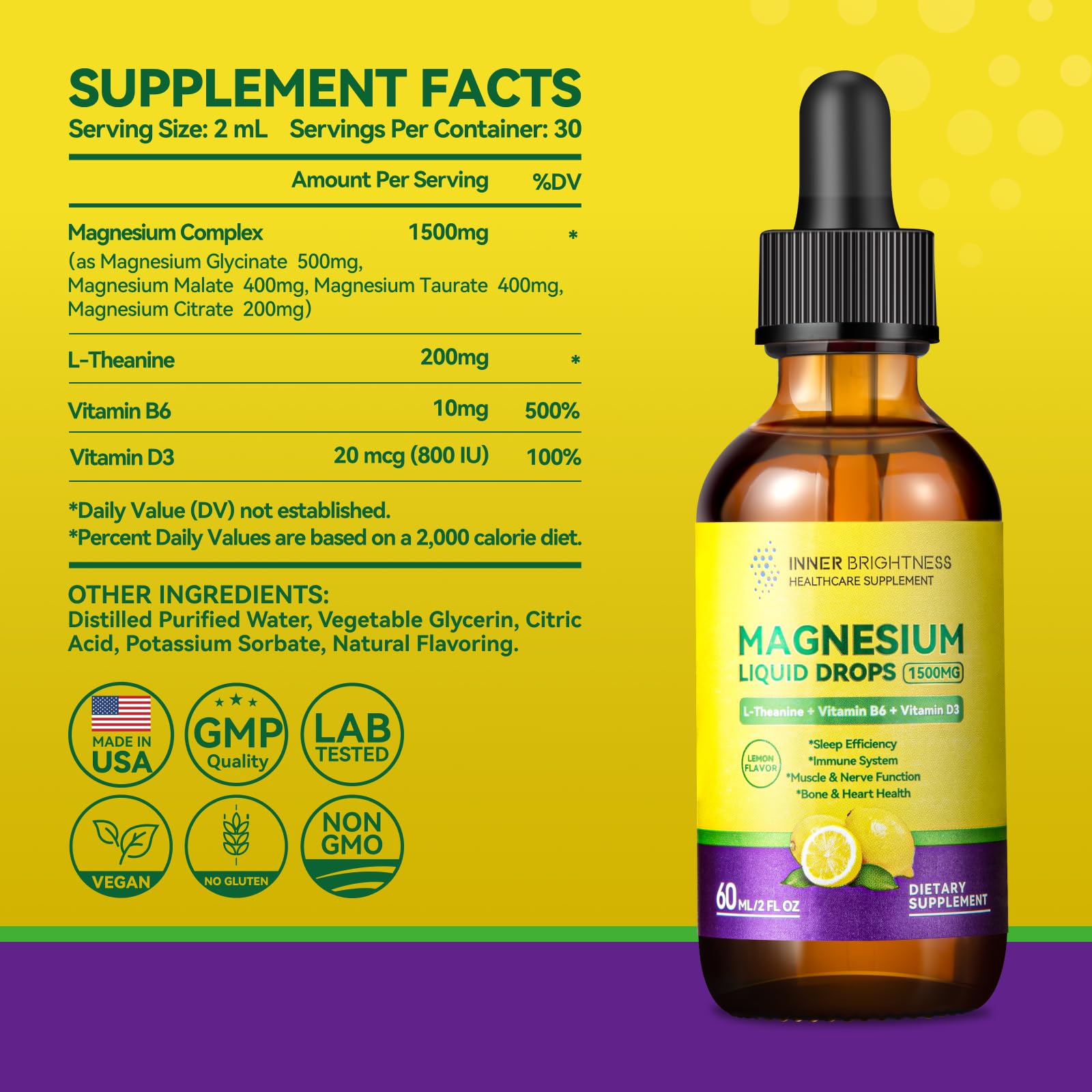 Magnesium Glycinate Liquid Drops 1500mg with Magnesium Citrate & Taurate, L-Theanine, Vitamin D3, B6 - Supports Calm, Sleep, Muscle Relaxation, Leg Cramps & Energy, Lemon Flavor, 60 mL Inner Brightness uk supplements