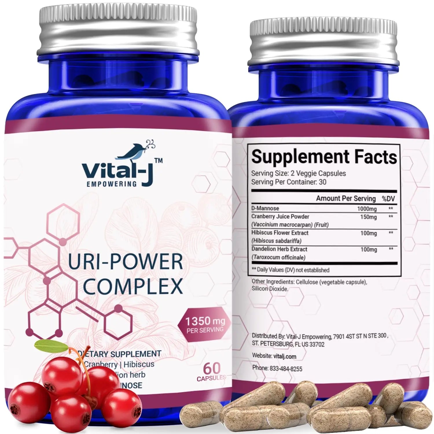 4-IN-1 URI POWER COMPLEX 1350mg - D Mannose, Cranberry, Hibiscus, and Dandelion Herb - Naturally Cleanse the Bladder and Urinary Tract 60 capsules – Specialized Approach for UTI Avoidance Vital-J Empowering uk supplements