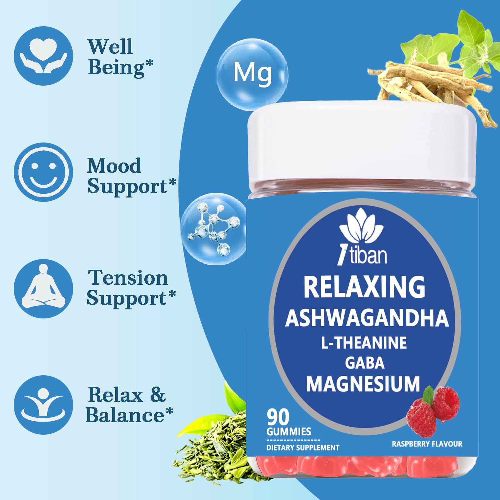 Itiban Cortisol Supplements for Women, Calm Magnesium Glycinate Gummies, Ashwagandha, L-Theanine, GABA, D3, B6, Mood Anxiety Sleep Relax, Raspberry Flavour, Vegan 90 Gummies Itiban uk supplements