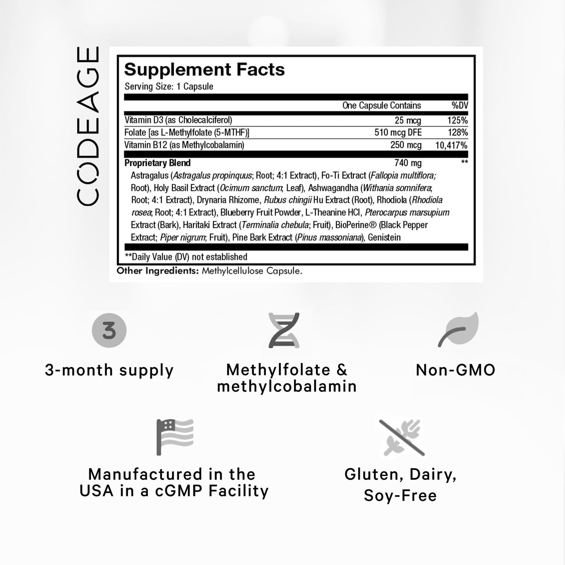 Codeage Ultra Life Telomeres Supplement - 5 MTHF Folate Vitamin B9, Vitamin B12 Methylcobalamin, Vitamin D3, L-Theanine, Ashwagandha - 3-Month Supply - DNA, Methylation Cycle - Non-GMO - 90 Capsules Codeage uk supplements
