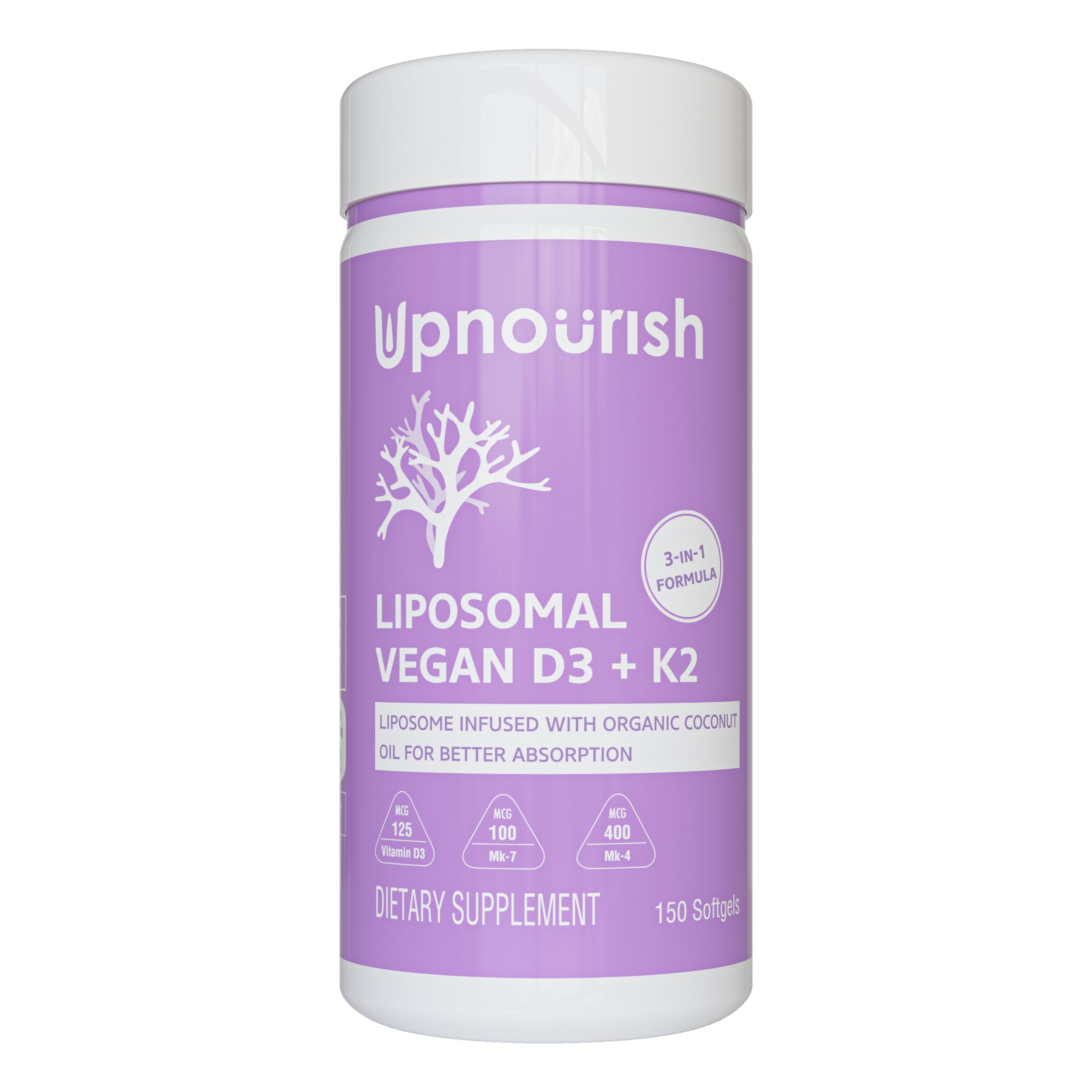 UpNourish Certified Vegan Vitamin D3 5000 IU K2 MK4 MK7 500 mcg Supplement, 150 Softgels, Plant Based Liposomal Vitamin D K with Organic Coconut Oil, Non GMO, Gluten and Gelatin Free UpNourish uk supplements