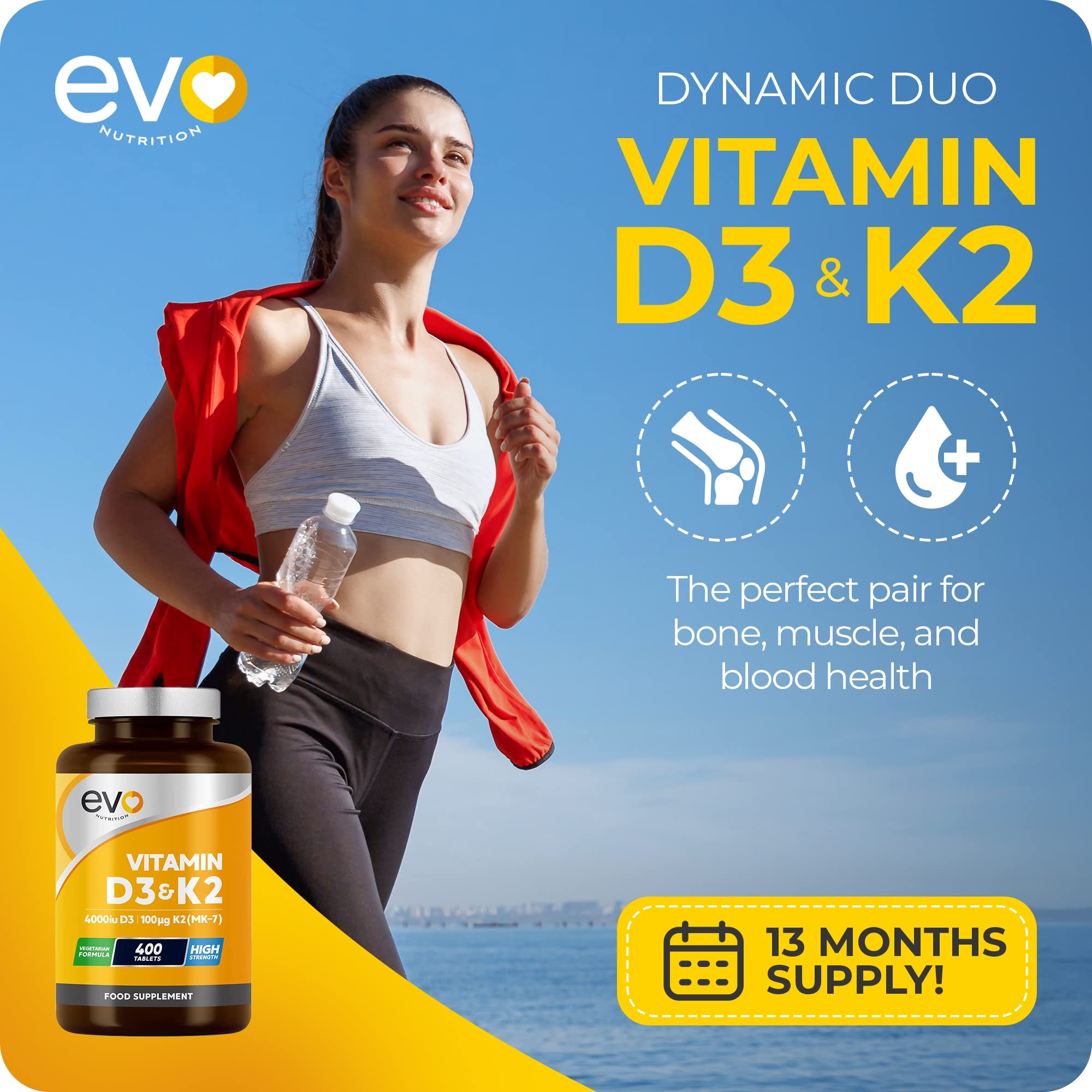 Vitamin D3 4000iu & Vitamin K2 100ug MK7 | 400 Vegetarian Tablets - 1 Year Supply EVO NUTRITION uk supplements