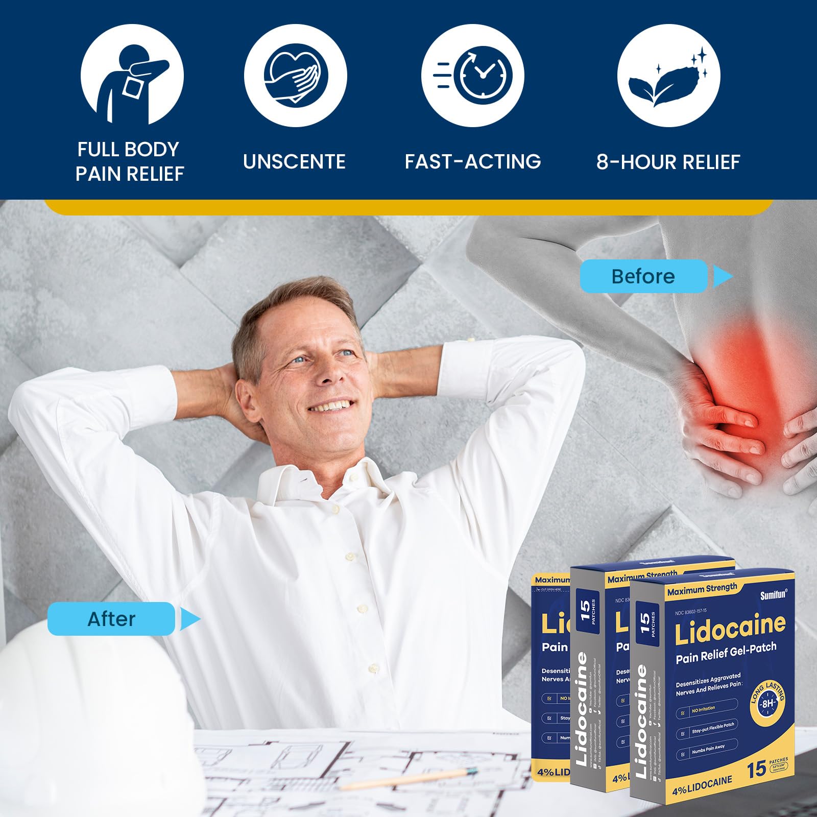 Sumifun 4% Lidocaine Patches Maximum Strength - 30 Count Pain Relief Patches for Back, Shoulder, Elbow, Knee, Muscle & Joint - Lower Back Pain Relief Products - Pain Patches Maximum Strength Lidocaine Sumifun uk supplements