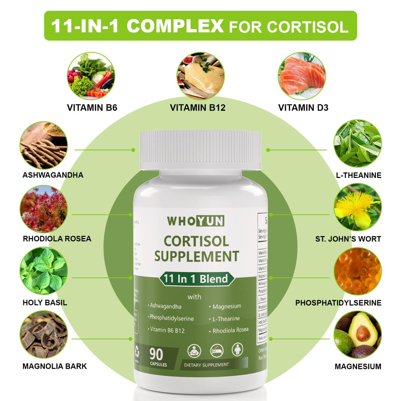 Whoyun Cortisol Supplement for Women, 11 in 1 Lower Cortisol Blend with Ashwagandha, Phosphatidylserine, Magnesium, L-Theanine, Vegan, 90 Capsules Whoyun uk supplements