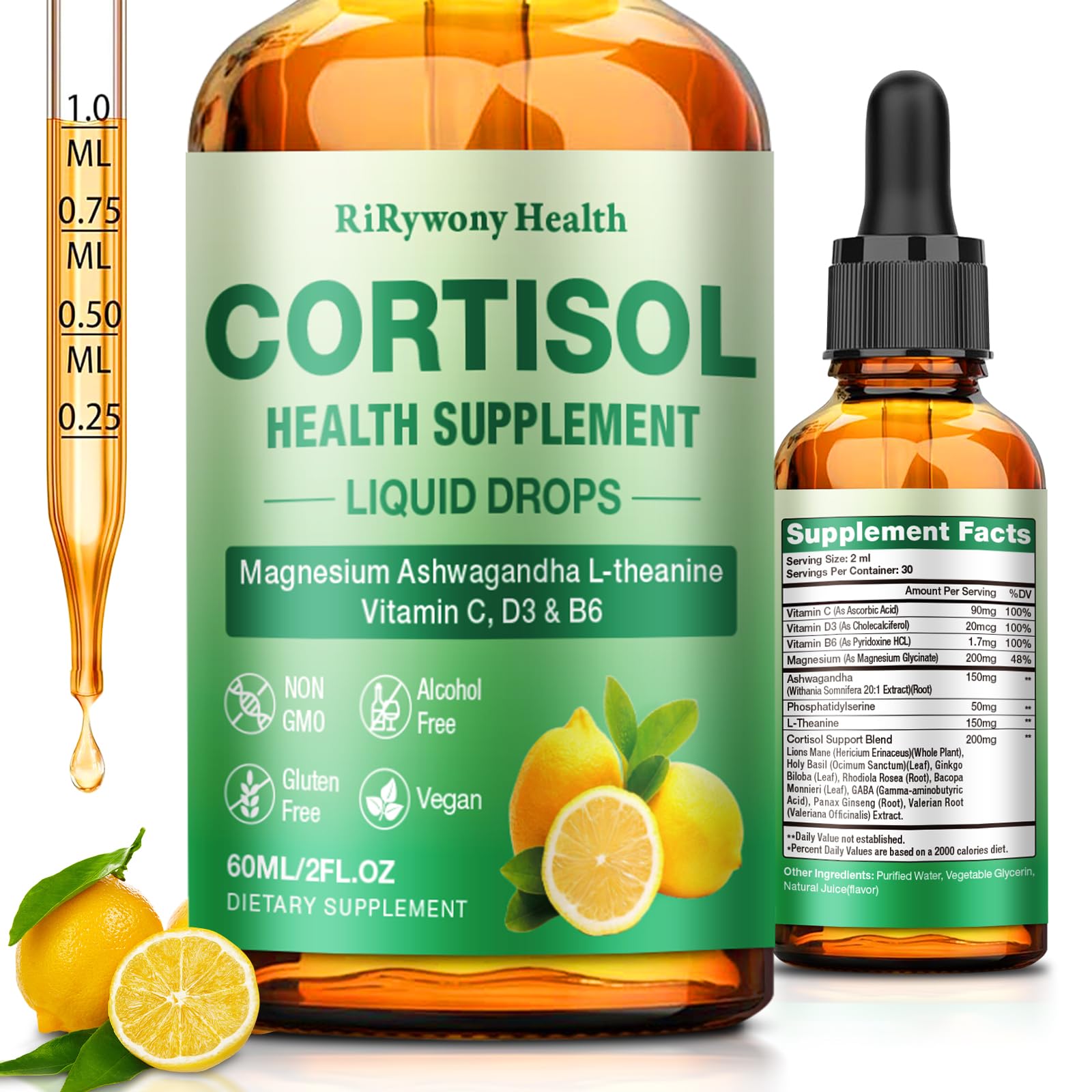 Cortisol Supplement for Women & Men - Cortisol Detox Reducer Magnesium Glycinate, Ashwagandha, L-Theanine, Phosphatidylserine - Hormone Balance for Calm Mood Focus Sleep (2 FL.OZ Lemon) RiRywony Health uk supplements