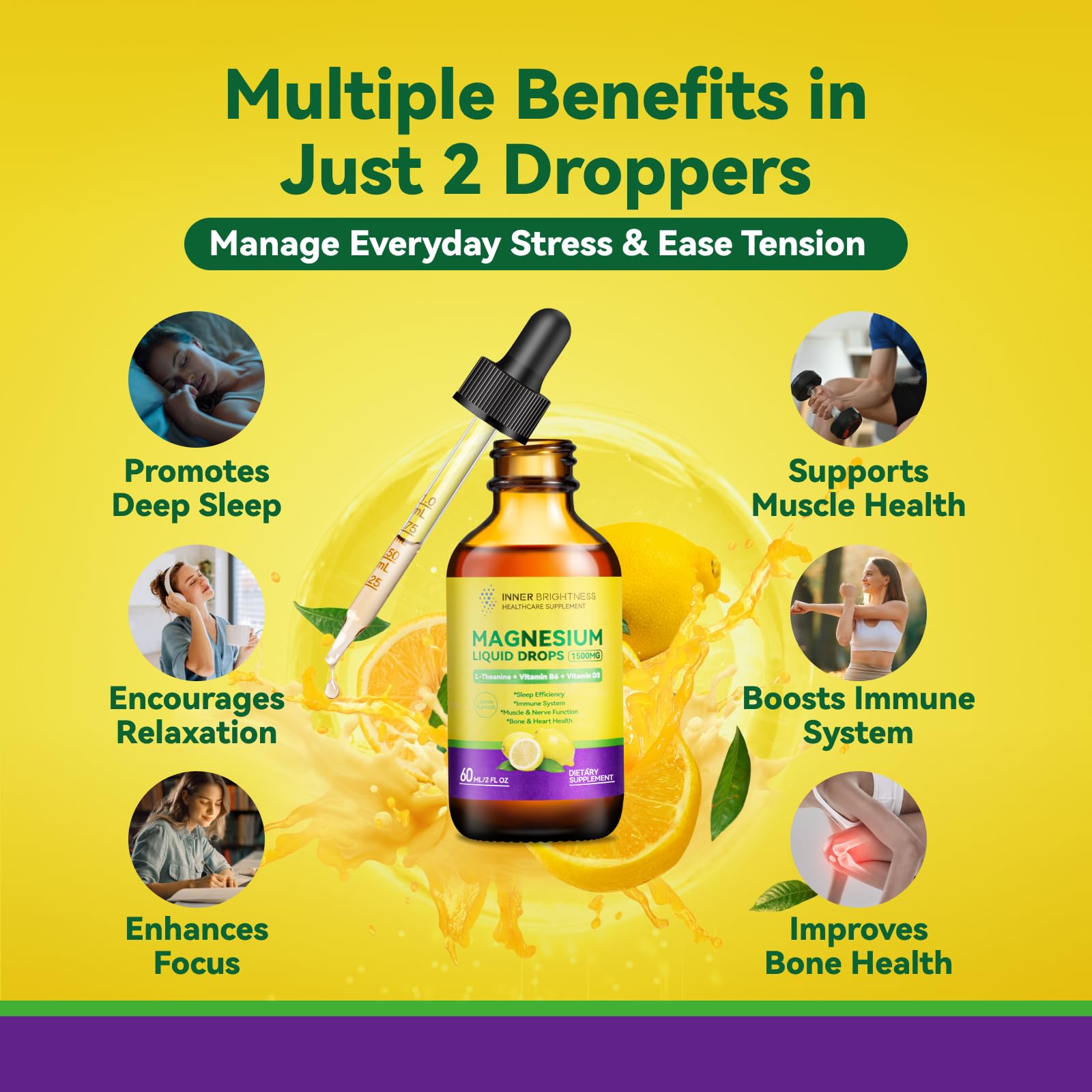 Magnesium Glycinate Liquid Drops 1500mg with Magnesium Citrate & Taurate, L-Theanine, Vitamin D3, B6 - Supports Calm, Sleep, Muscle Relaxation, Leg Cramps & Energy, Lemon Flavor, 60 mL Inner Brightness uk supplements