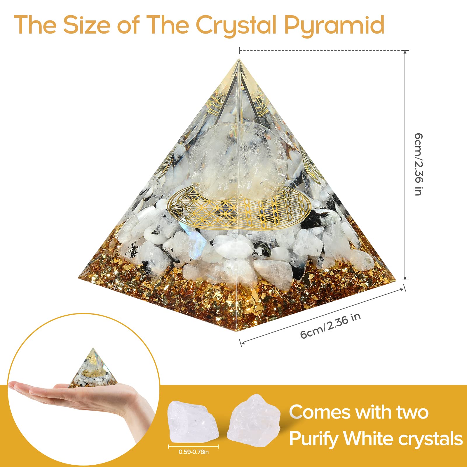 Hopeseed Orgone Pyramid for Positive Energy, Orgonite Rainbow Moonstone&White Crystal Hopeseed uk supplements