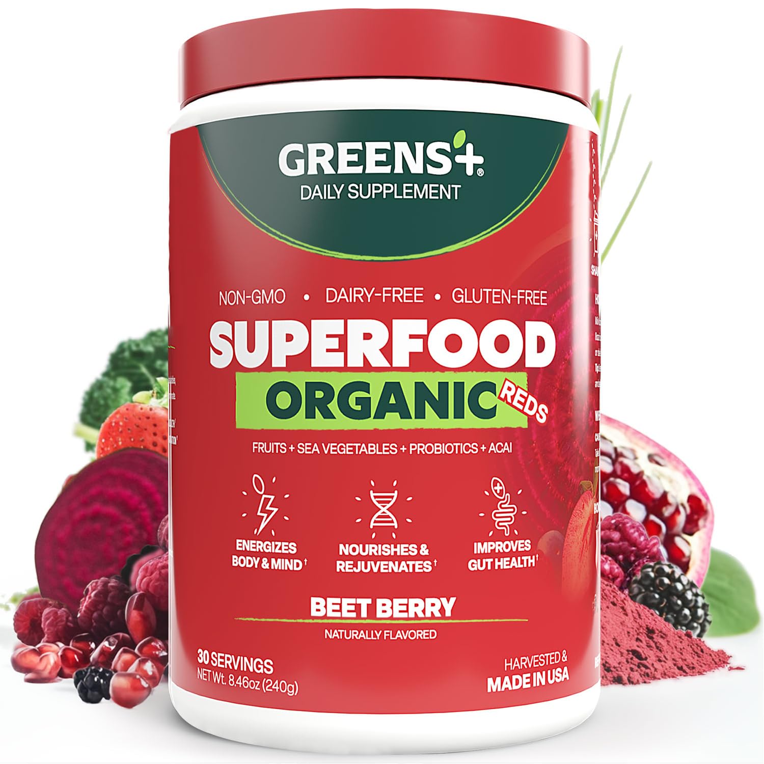 Greens+ Organic Reds Superfood Powder, Antioxidant, Polyphenol, Blend for Morning Kick, Energy, Vitality Boost, Nutrition, Vibrant Health, Vegan Soy/Dairy/Gluten Free(8.46oz) Greens+ uk supplements