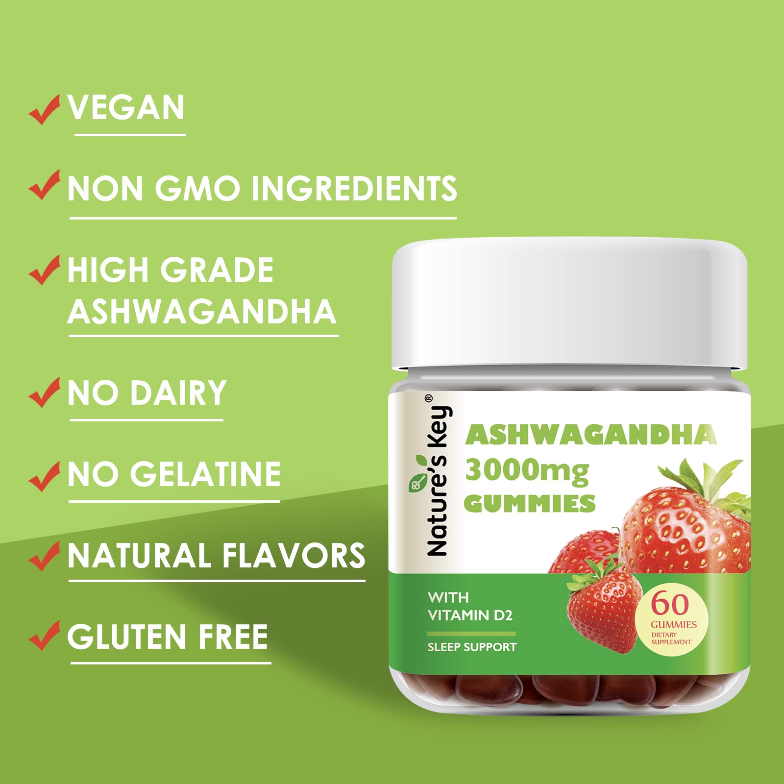 Nature's Key Ashwagandha Gummies, 3000mg High Potency Ashwagandha Root Extract with Vitamin D2, Stress, Calm Mood & Cognition, for Men & Women, Strawberry Flavor (60 Count (Pack of 1) Nature's Key uk supplements
