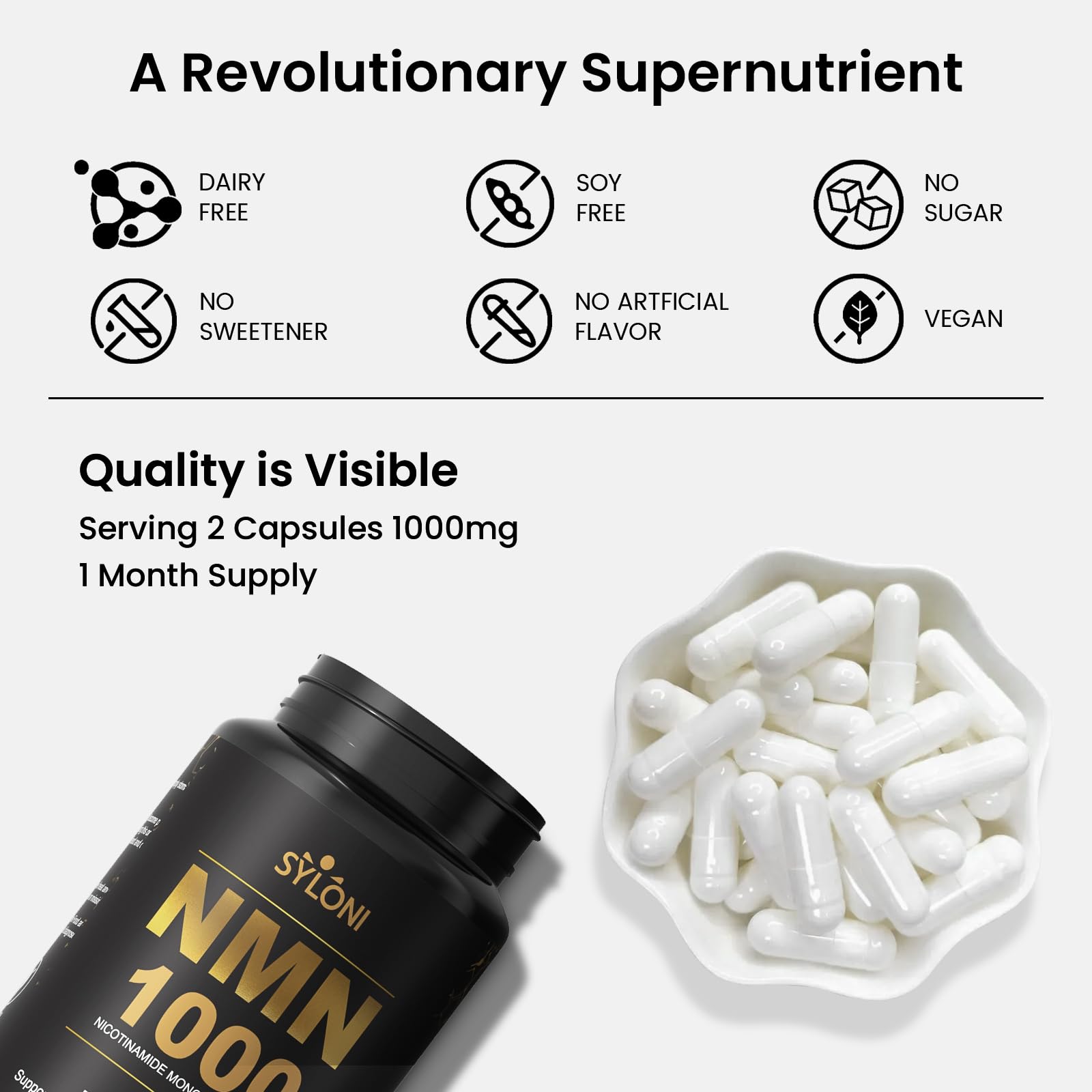 Syloni NMN Supplement 1000mg, 99% Pure NMN 4-in-1 NAD+ Booster with PQQ, CoQ10, L-Ergothioneine, 60 Capsules Nicotinamide Mononucleotide - Anti-Aging, Energy Boost, DNA Repair for Adults, Vegan Syloni uk supplements