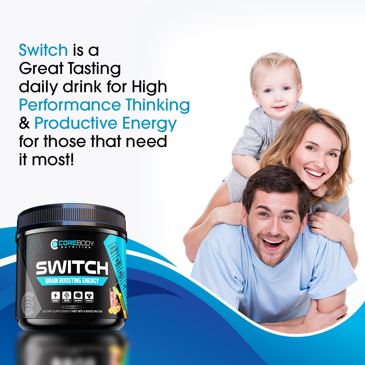 Switch, Brain Boosting Nootropic Energy Supplement Powder - Made in USA - Alpha GPC, NALT, Ashwagandha, Sugar Free Energy, Keto, Increase Mental Focus & Cognitive Function, Enhances Mood & Memory CoreBody Nutrition uk supplements