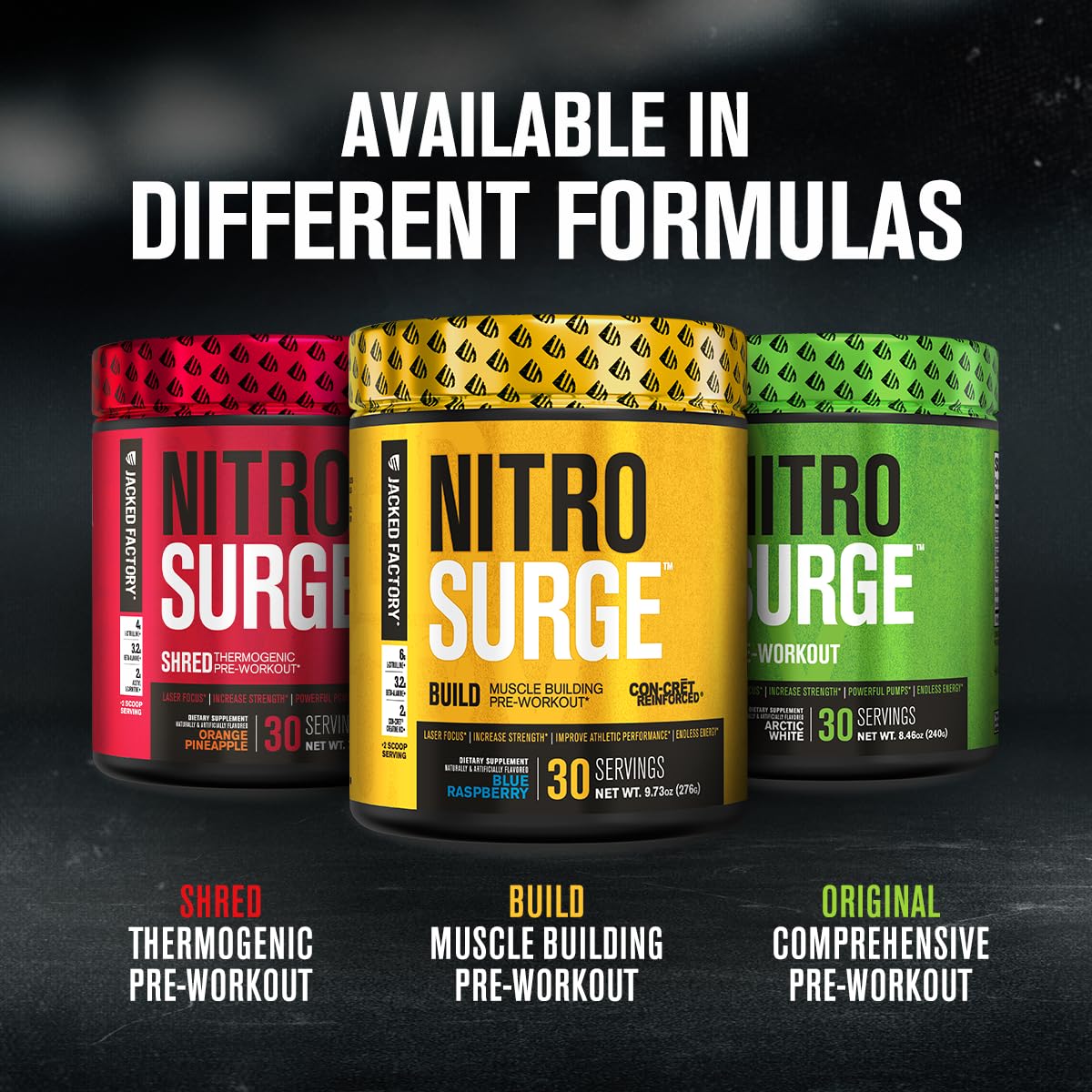 Jacked Factory Nitrosurge Build Pre Workout with Creatine for Muscle Building - Con Cret Creatine Powder & elevATP for Intense Energy, Powerful Pump Jacked Factory uk supplements