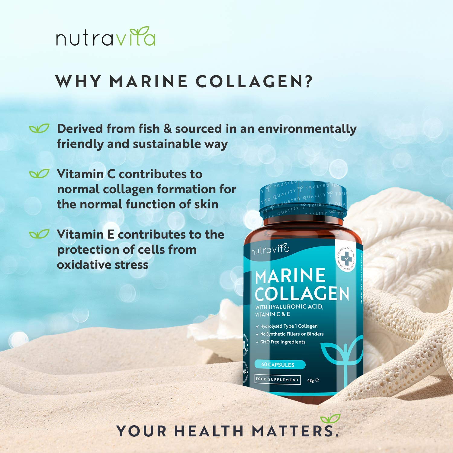 Marine Collagen 1000mg - 60 Capsules of Superior Type 1 Hydrolysed Collagen Nutravita uk supplements