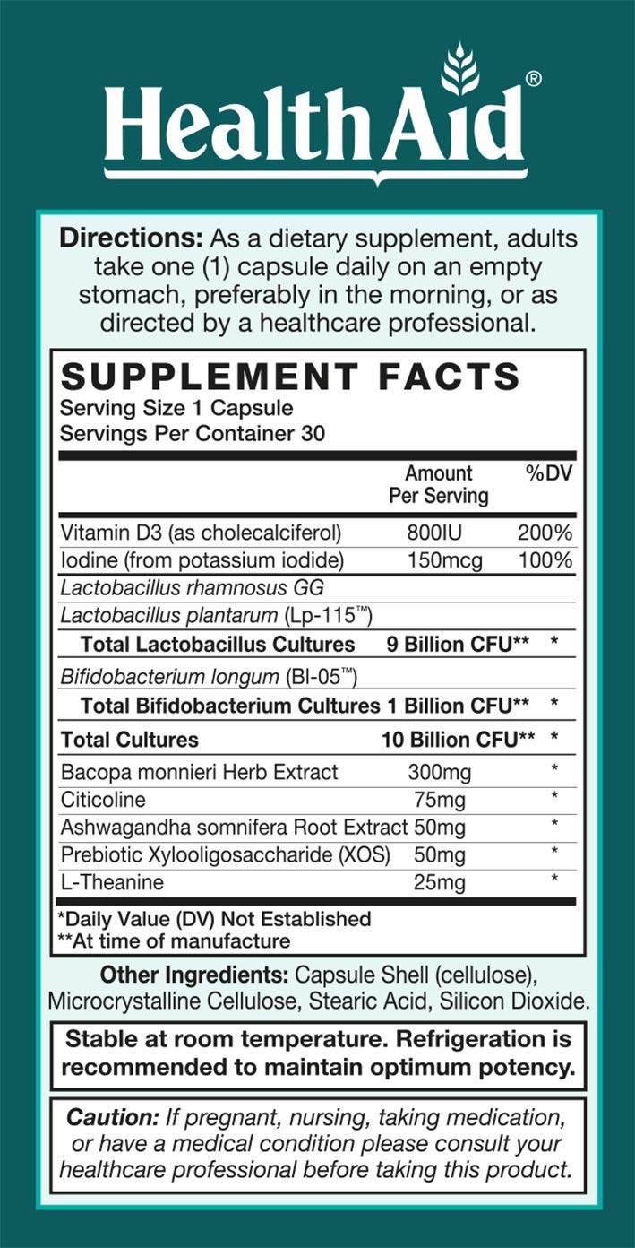 FocusProbio for Adults – 10 Billion CFU Probiotic with Prebiotic, Bacopa, Citicoline, L‑Theanine, Ashwagandha & Vitamin D₃ | Supports Focus, Mood & Gut-Brain Balance – Vegetarian, Once Daily HealthAid uk supplements