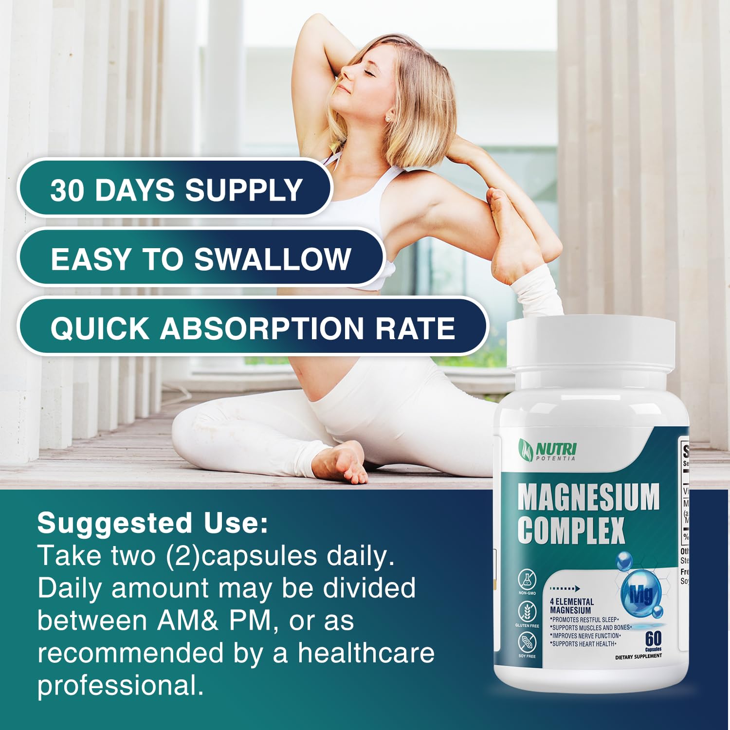 Magnesium Complex for Women&Men,With Glycinate Malate Citrate Taurate.Support for Sleep,Stress Relief,Cognitive Function,Magnesium Supplement 500mg,Third-Party Tested(Made & Tested in USA)-60 Capsules NUTRI POTENTIA uk supplements